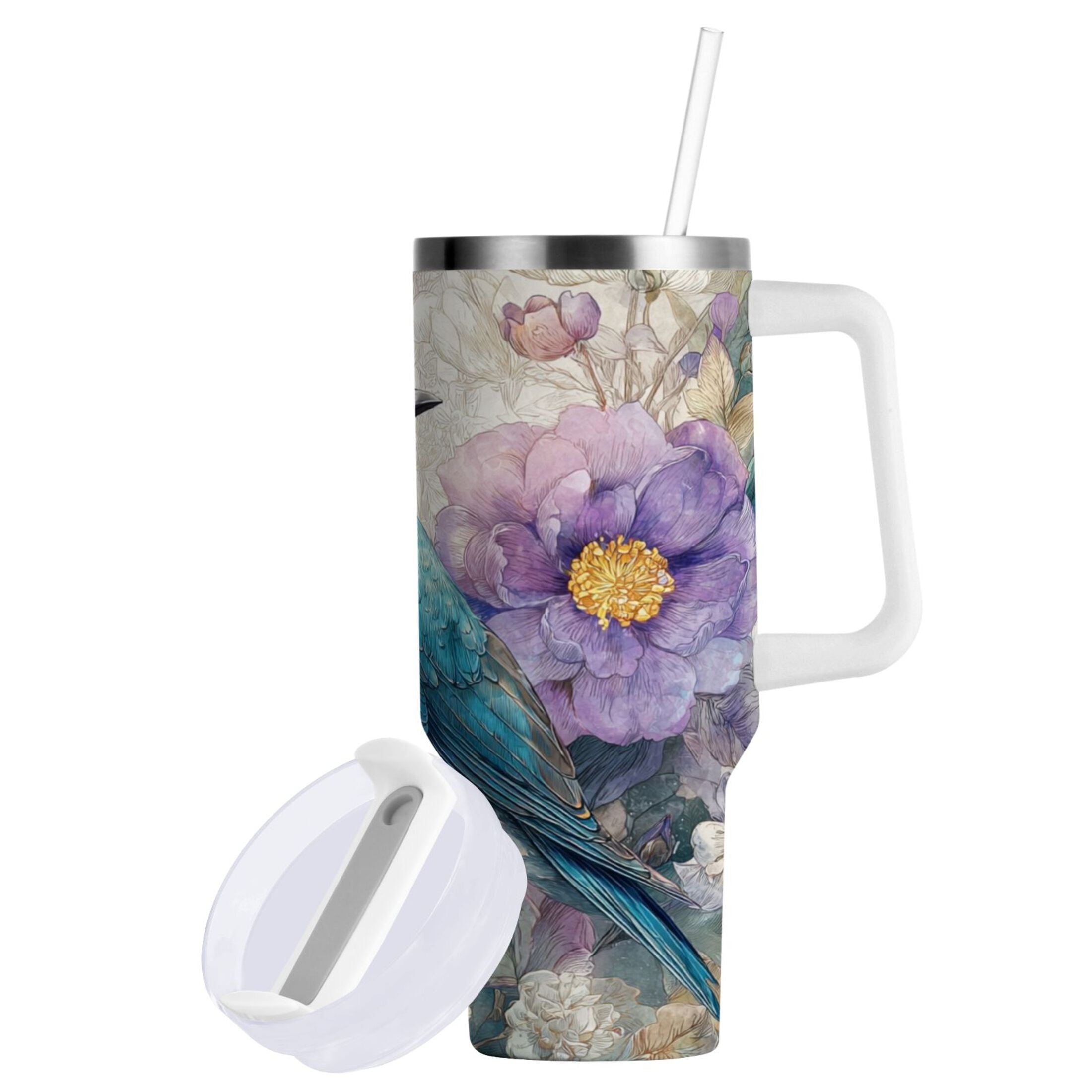30 oz Insulated Stainless Steel Tumbler Double Wall Stainless Steel Tumbler with 2-Way Drinking Bluebird and Flower C538D