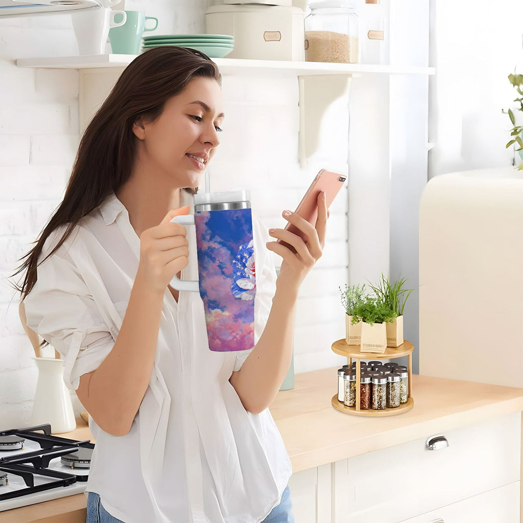 30 oz Insulated Stainless Steel Tumbler Double Wall Stainless Steel Tumbler with 2-Way Drinking Rose with Flag Pattern C547E