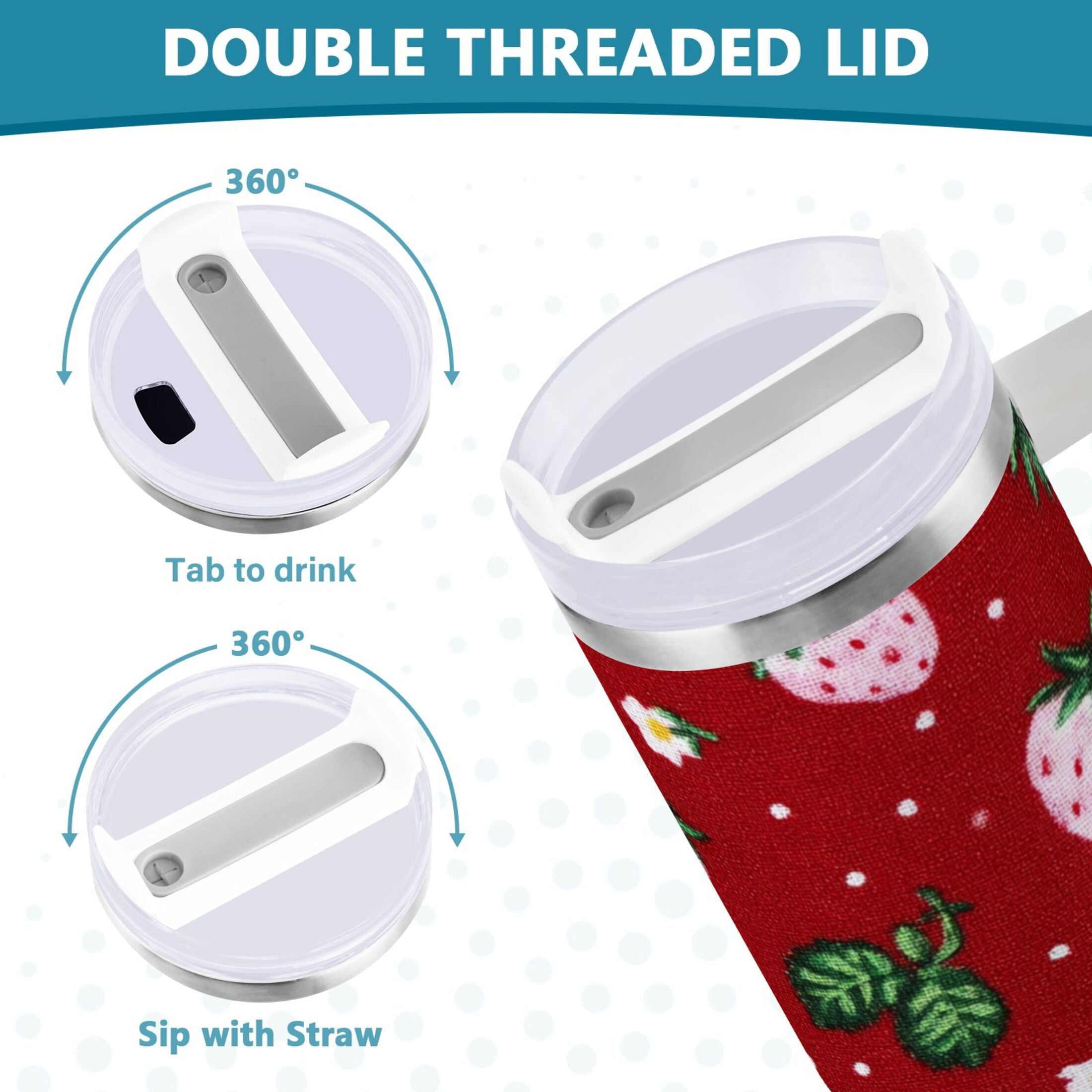 30 oz Insulated Stainless Steel Tumbler Double Wall Stainless Steel Tumbler with 2-Way Drinking Cute Pink Strawberry Pattern C630M
