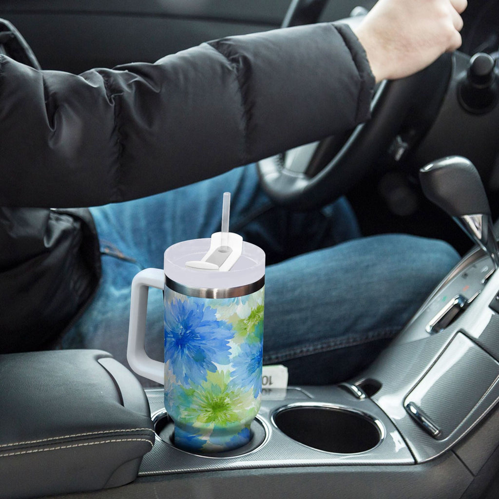 40 oz Insulated Stainless Steel Tumbler Double Wall Stainless Steel Tumbler with 2-Way Drinking Watercolor Blue Cornflowers C567Z