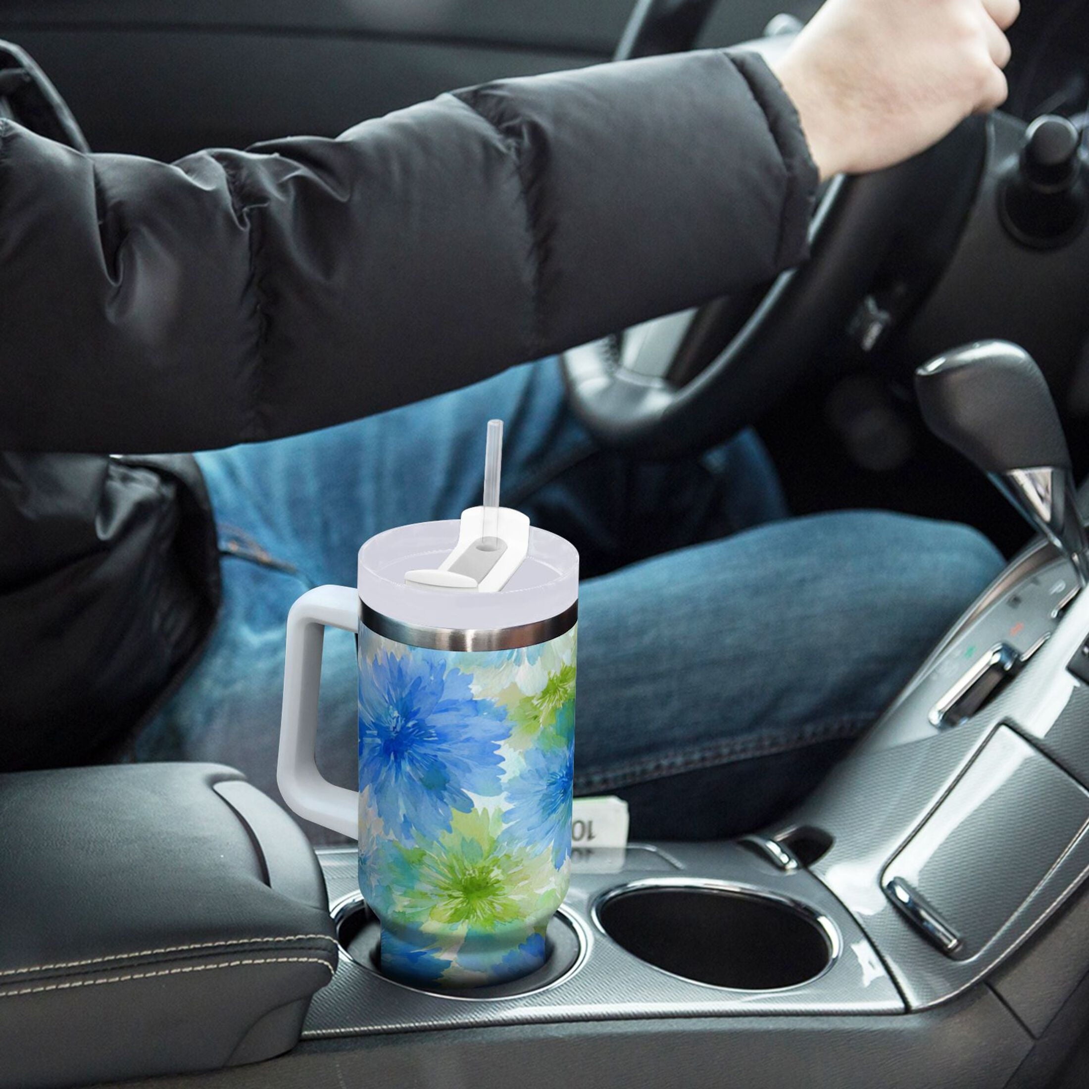 40 oz Insulated Stainless Steel Tumbler Double Wall Stainless Steel Tumbler with 2-Way Drinking Watercolor Blue Cornflowers C567Z