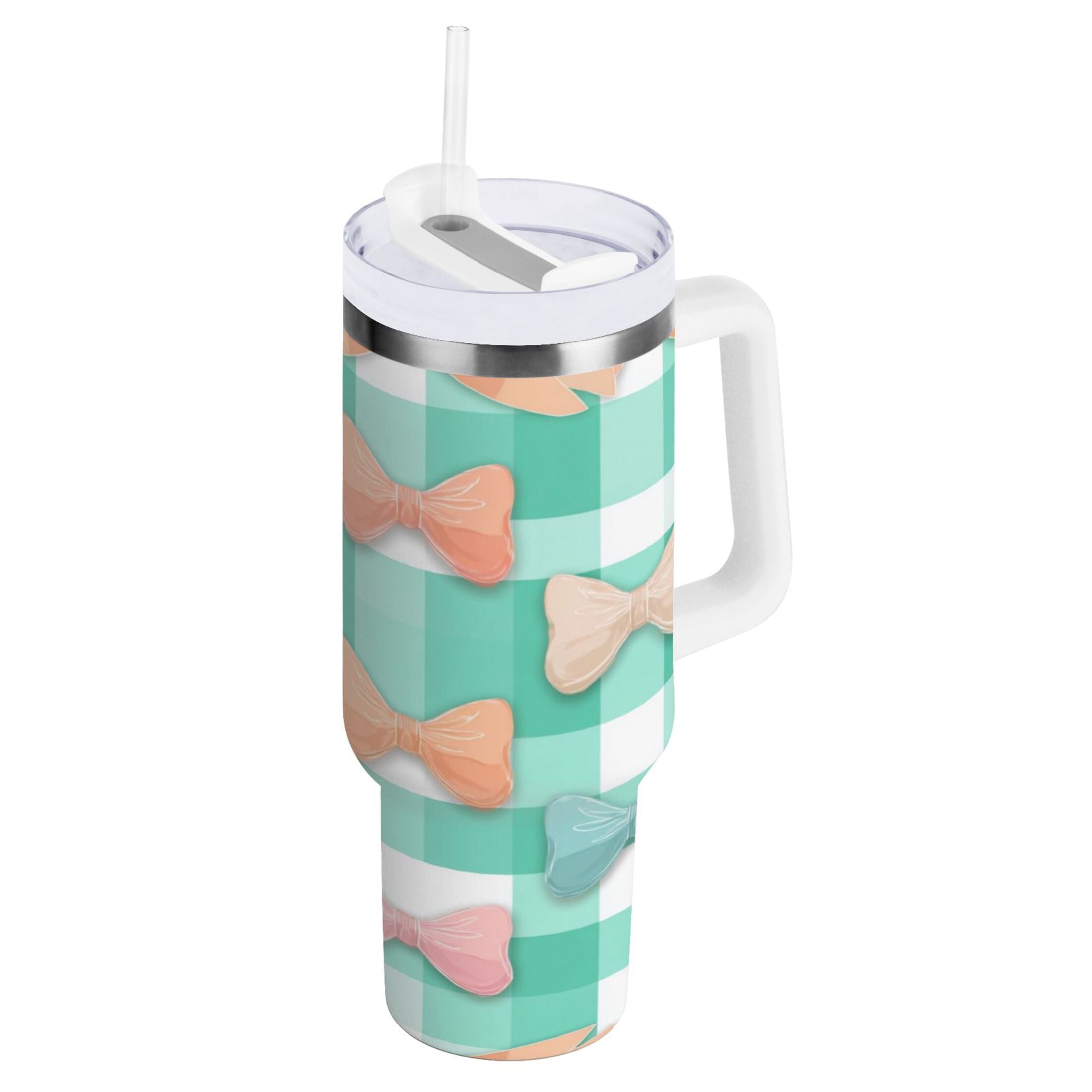 40 oz Insulated Stainless Steel Tumbler Double Wall Stainless Steel Tumbler with 2-Way Drinking Pastel Green and Peach Bows C494K