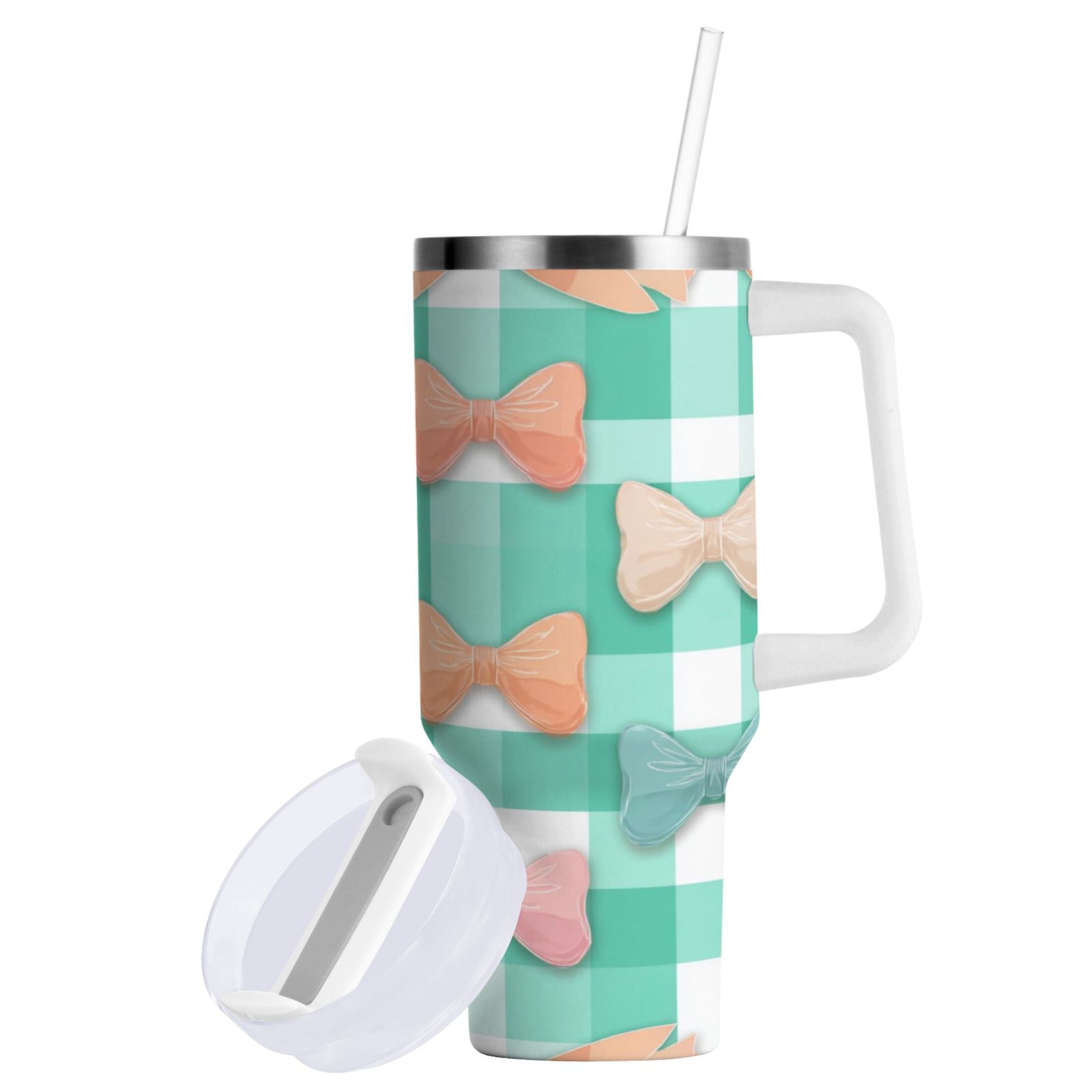 40 oz Insulated Stainless Steel Tumbler Double Wall Stainless Steel Tumbler with 2-Way Drinking Pastel Green and Peach Bows C494K