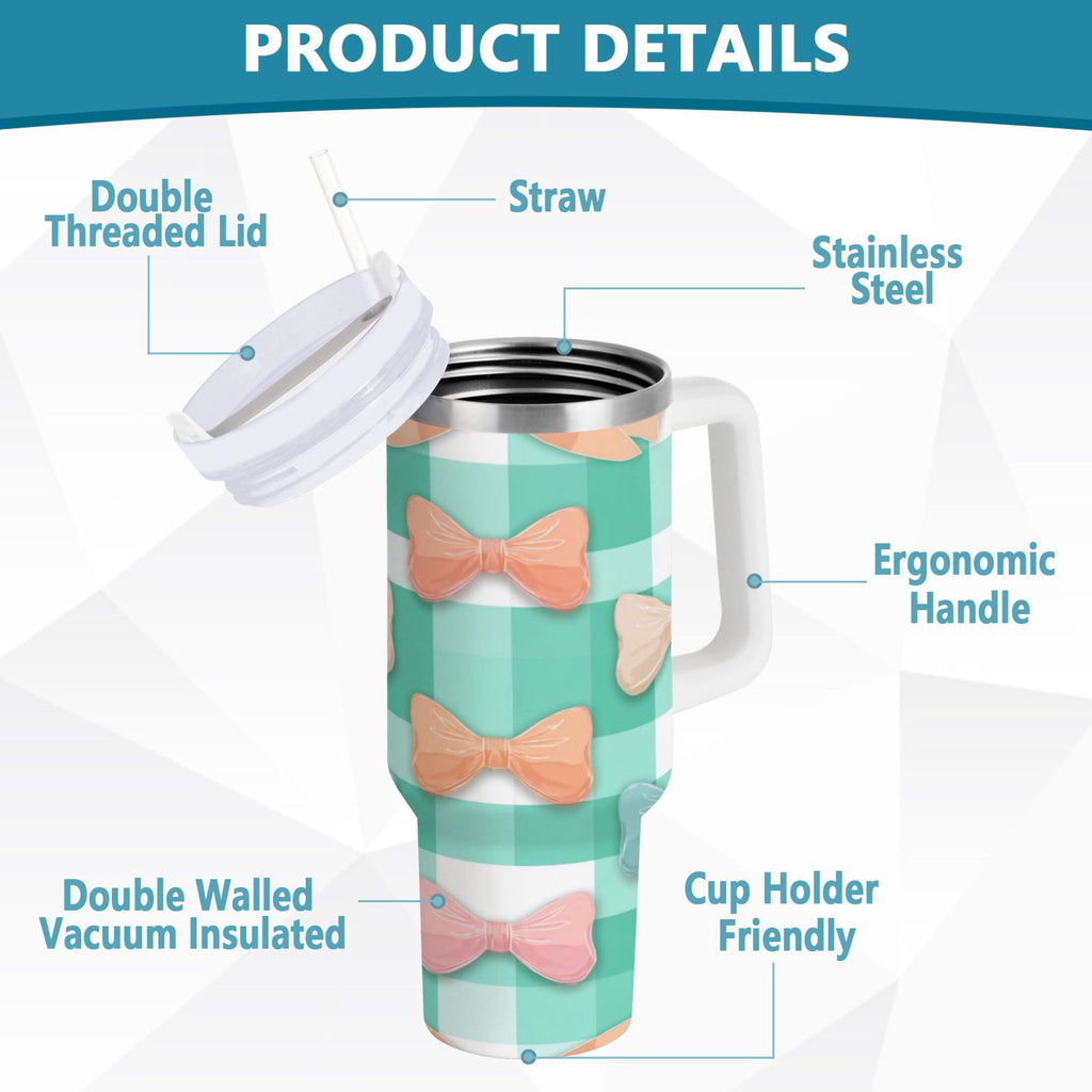 40 oz Insulated Stainless Steel Tumbler Double Wall Stainless Steel Tumbler with 2-Way Drinking Pastel Green and Peach Bows C494K