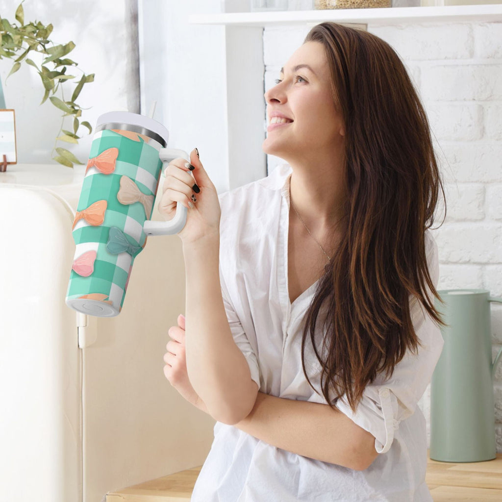 40 oz Insulated Stainless Steel Tumbler Double Wall Stainless Steel Tumbler with 2-Way Drinking Pastel Green and Peach Bows C494K