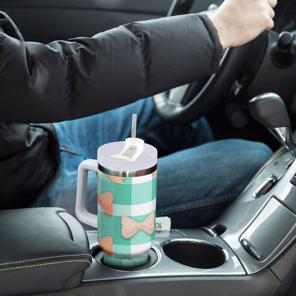 40 oz Insulated Stainless Steel Tumbler Double Wall Stainless Steel Tumbler with 2-Way Drinking Pastel Green and Peach Bows C494K