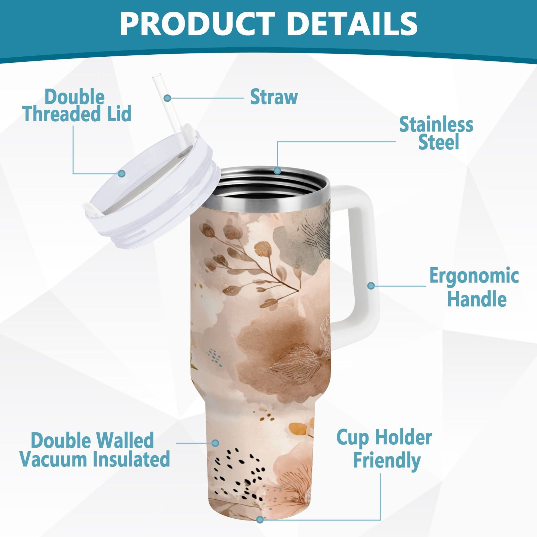 30 oz Insulated Stainless Steel Tumbler Double Wall Stainless Steel Tumbler with 2-Way Drinking Hazy Ethereal Flowers C445K