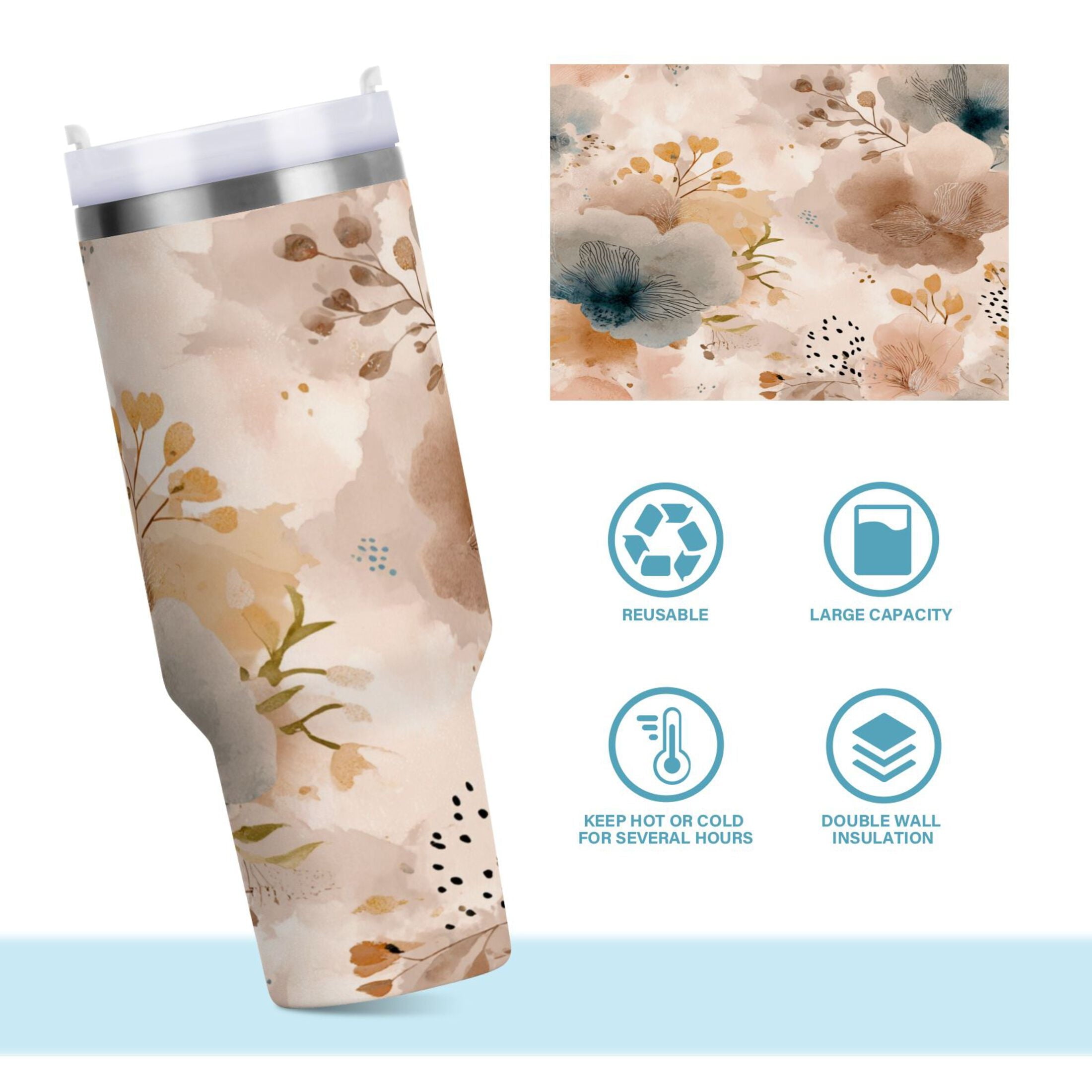 30 oz Insulated Stainless Steel Tumbler Double Wall Stainless Steel Tumbler with 2-Way Drinking Hazy Ethereal Flowers C445K