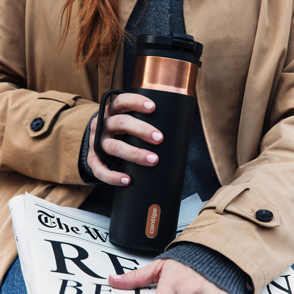 Contigo SnapSeal Leakproof Stainless Steel Reusable Water Bottle Tumbler with Side Handle, Dark Blue/Bronze, 20 oz C033R