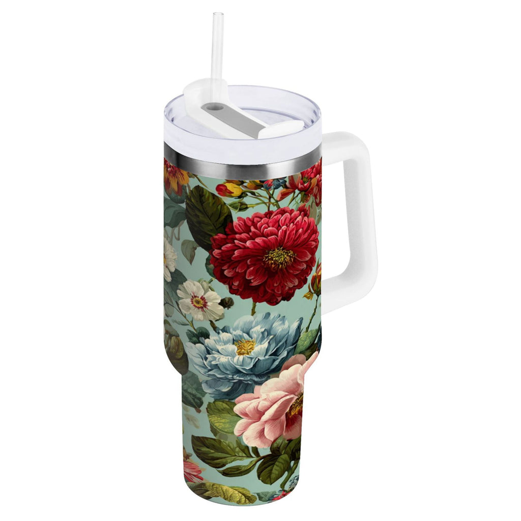 40 oz Insulated Stainless Steel Tumbler Double Wall Stainless Steel Tumbler with 2-Way Drinking Floral Pattern with Roses C485V