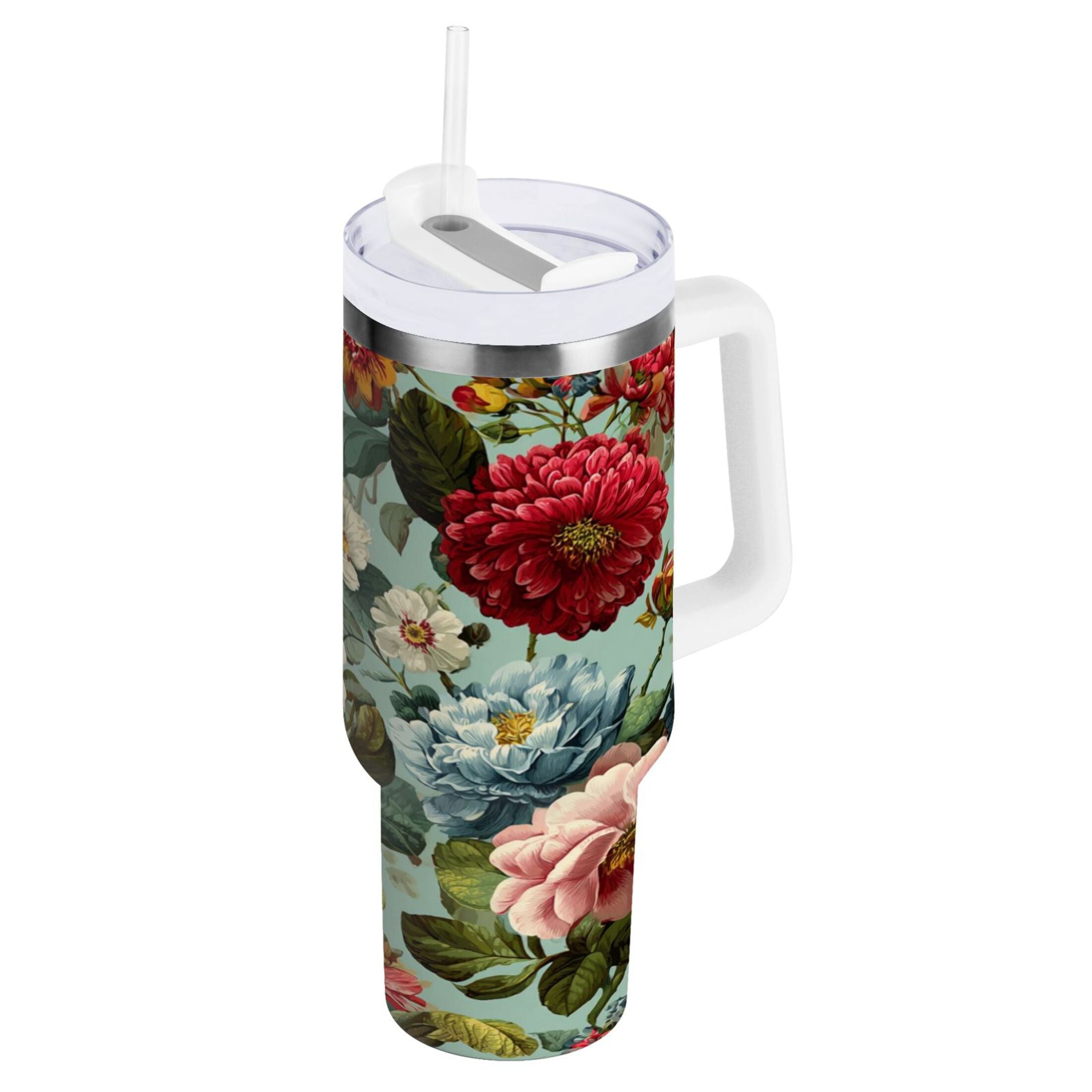 40 oz Insulated Stainless Steel Tumbler Double Wall Stainless Steel Tumbler with 2-Way Drinking Floral Pattern with Roses C485V