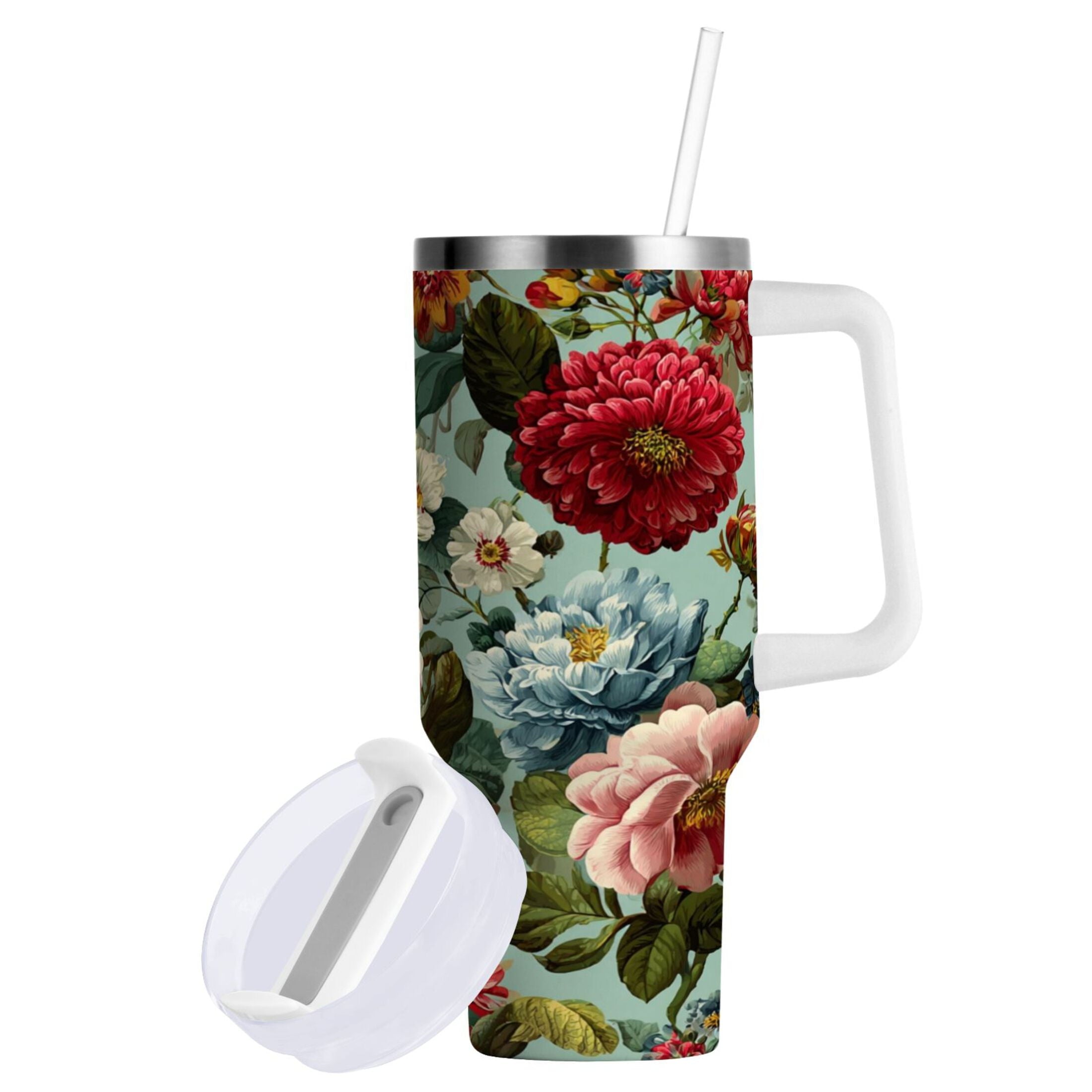40 oz Insulated Stainless Steel Tumbler Double Wall Stainless Steel Tumbler with 2-Way Drinking Floral Pattern with Roses C485V
