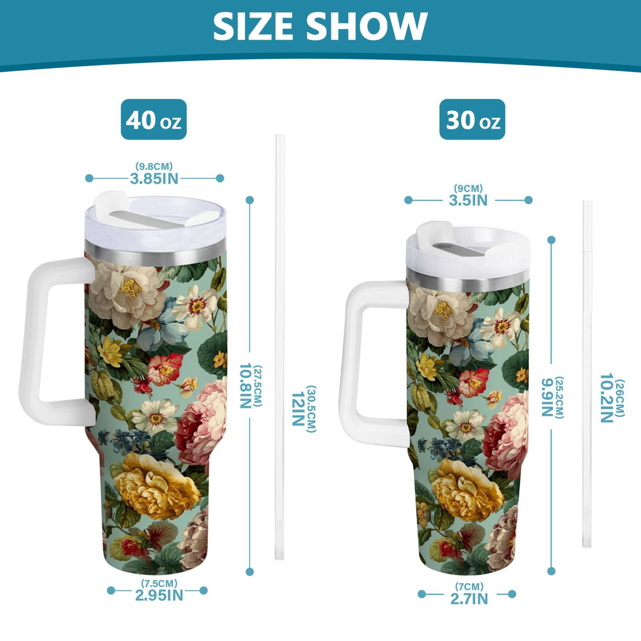 40 oz Insulated Stainless Steel Tumbler Double Wall Stainless Steel Tumbler with 2-Way Drinking Floral Pattern with Roses C485V