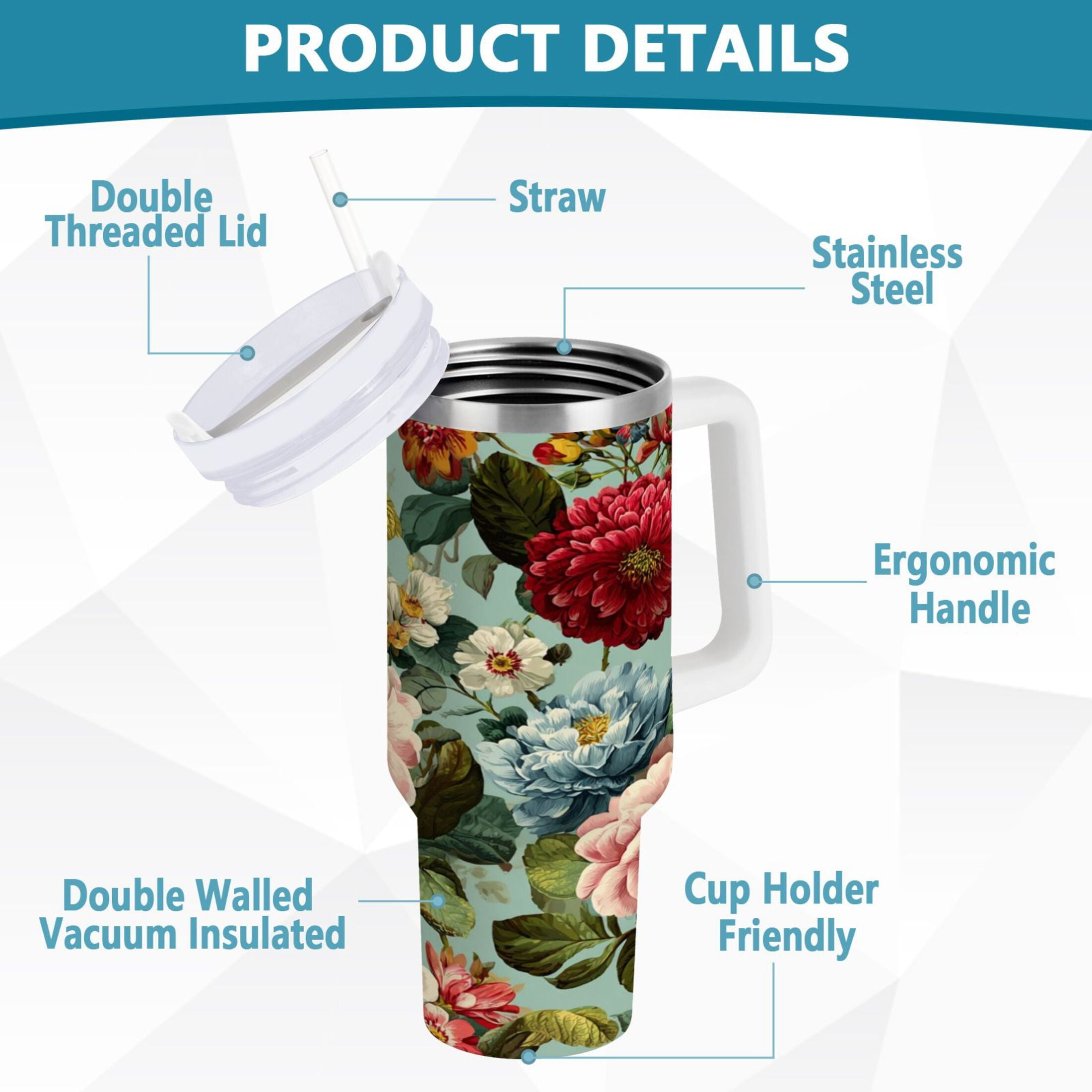 40 oz Insulated Stainless Steel Tumbler Double Wall Stainless Steel Tumbler with 2-Way Drinking Floral Pattern with Roses C485V