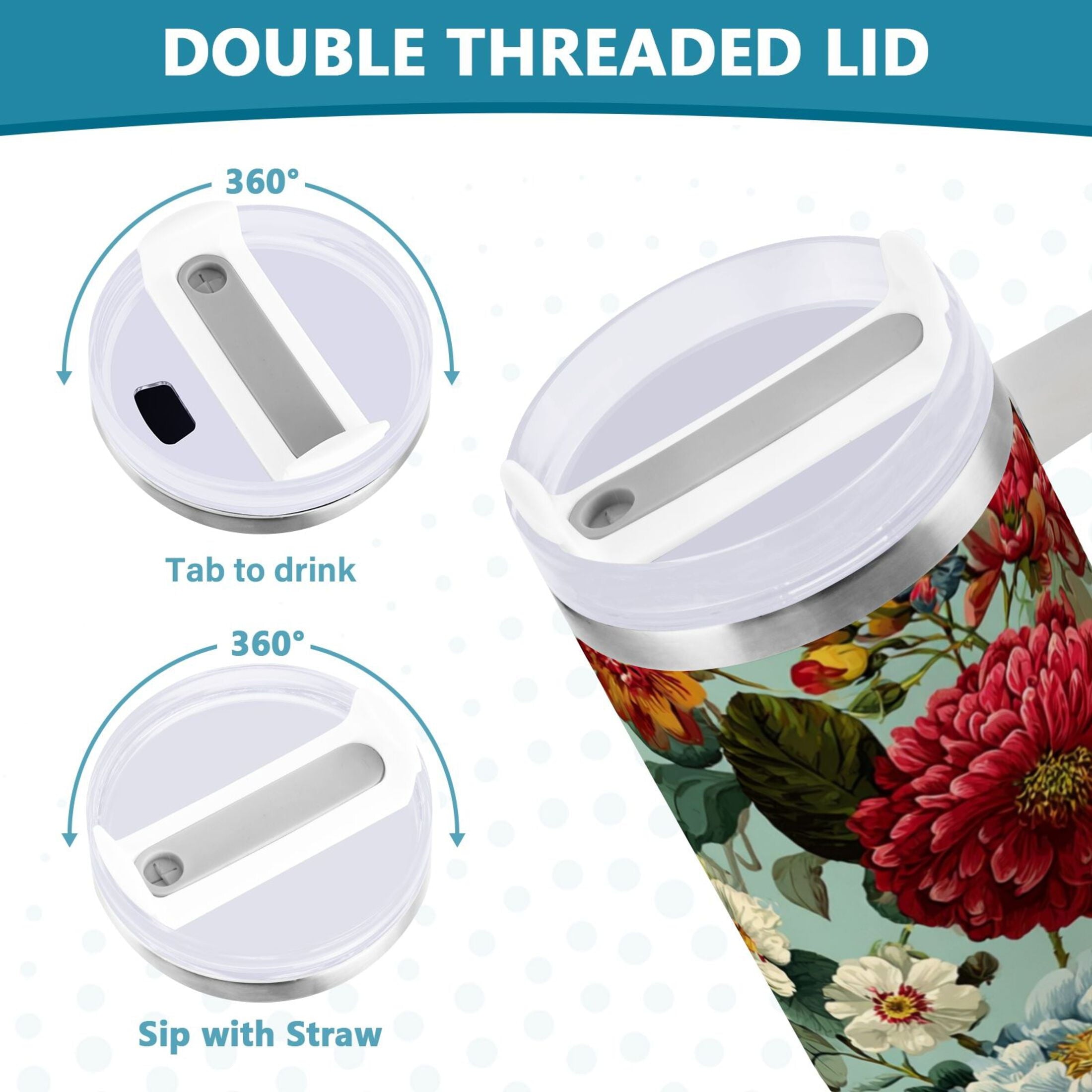 40 oz Insulated Stainless Steel Tumbler Double Wall Stainless Steel Tumbler with 2-Way Drinking Floral Pattern with Roses C485V