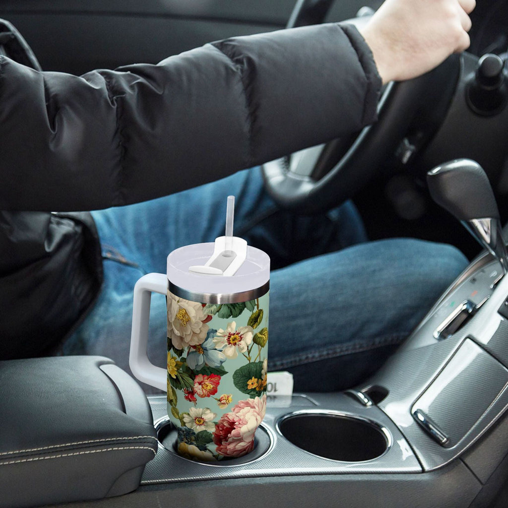 40 oz Insulated Stainless Steel Tumbler Double Wall Stainless Steel Tumbler with 2-Way Drinking Floral Pattern with Roses C485V