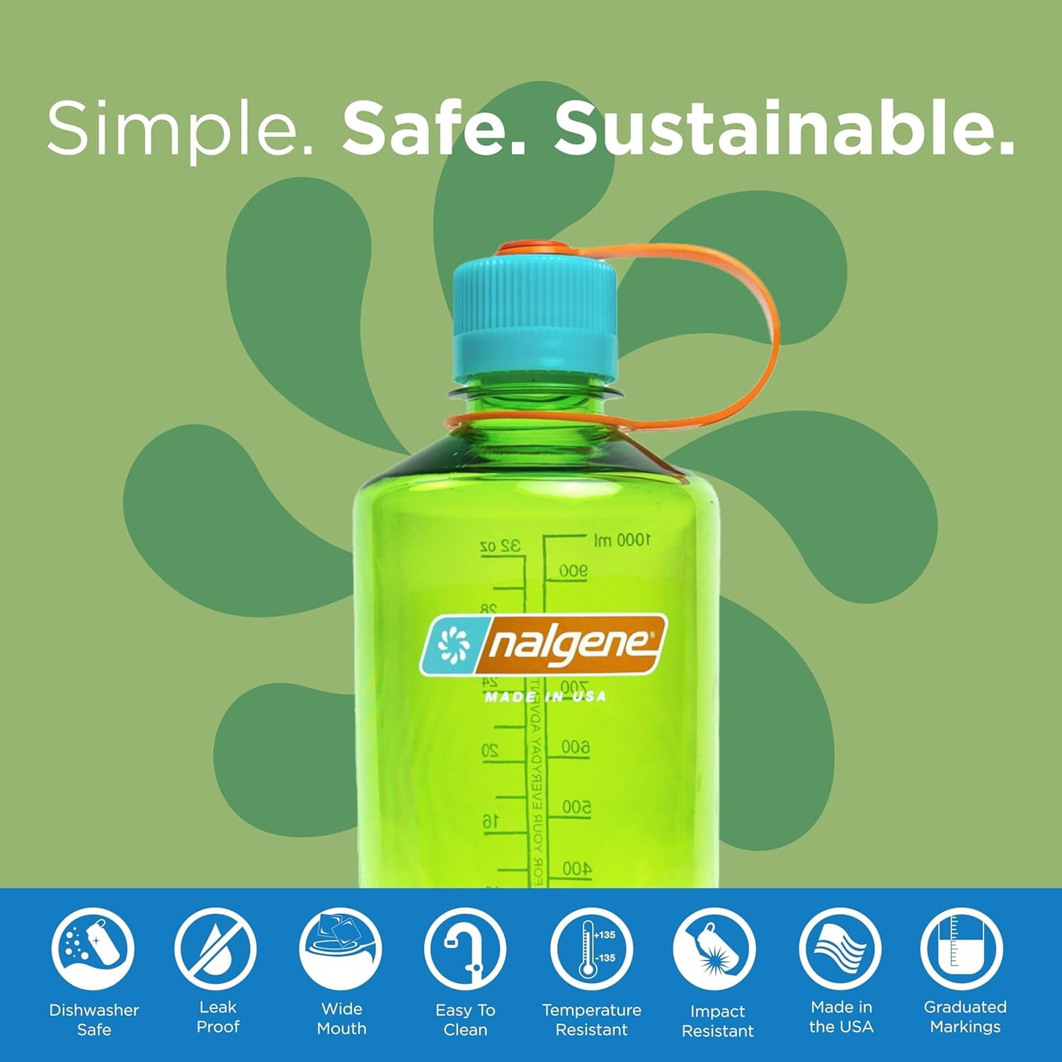 Nalgene Sustain Tritan BPA-Free Water Bottle Made with Material Derived from 50% Plastic Waste, 32 OZ, Narrow Mouth, Pear C153D