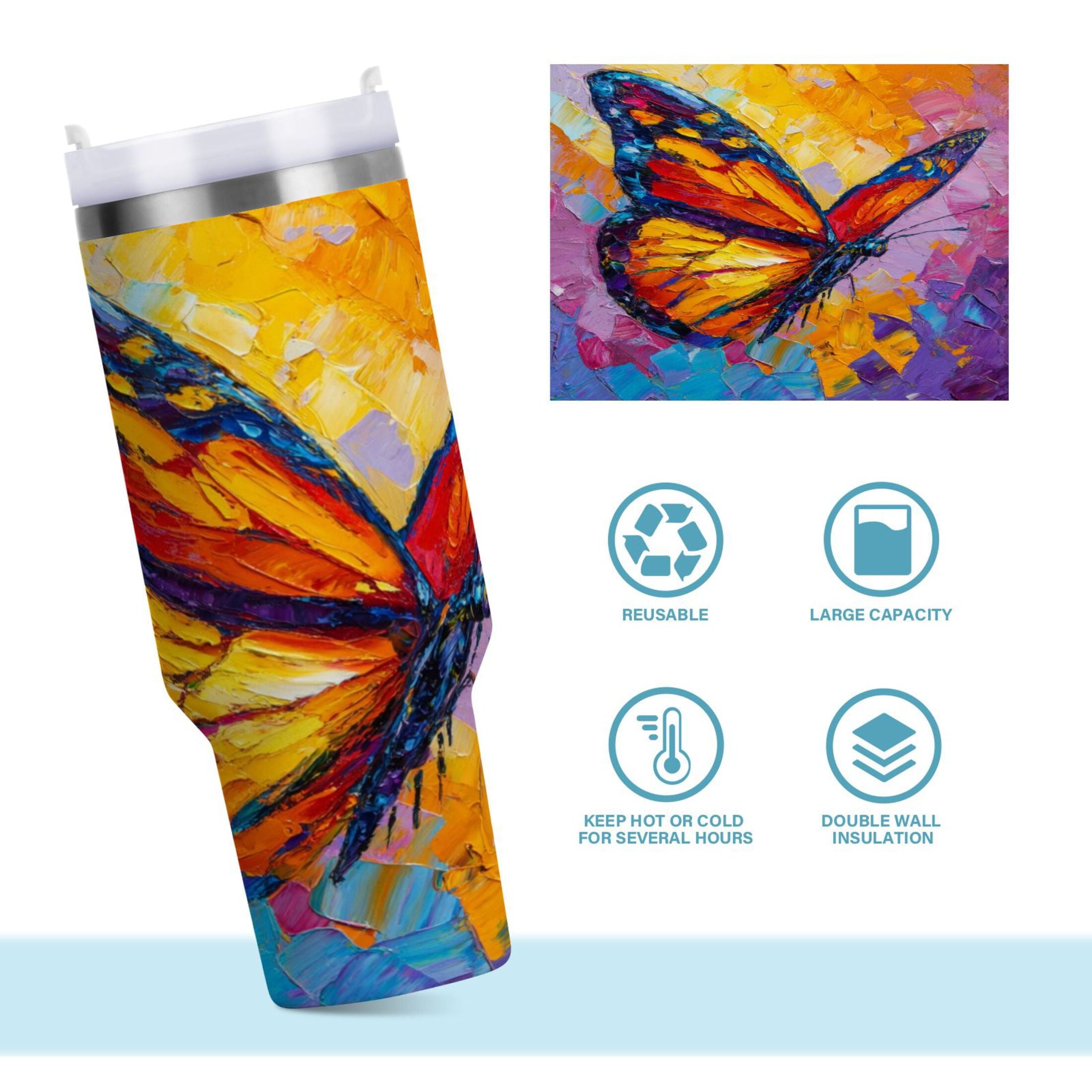 30 oz Insulated Stainless Steel Tumbler Double Wall Stainless Steel Tumbler with 2-Way Drinking Colorful Butterfly Flying C473C