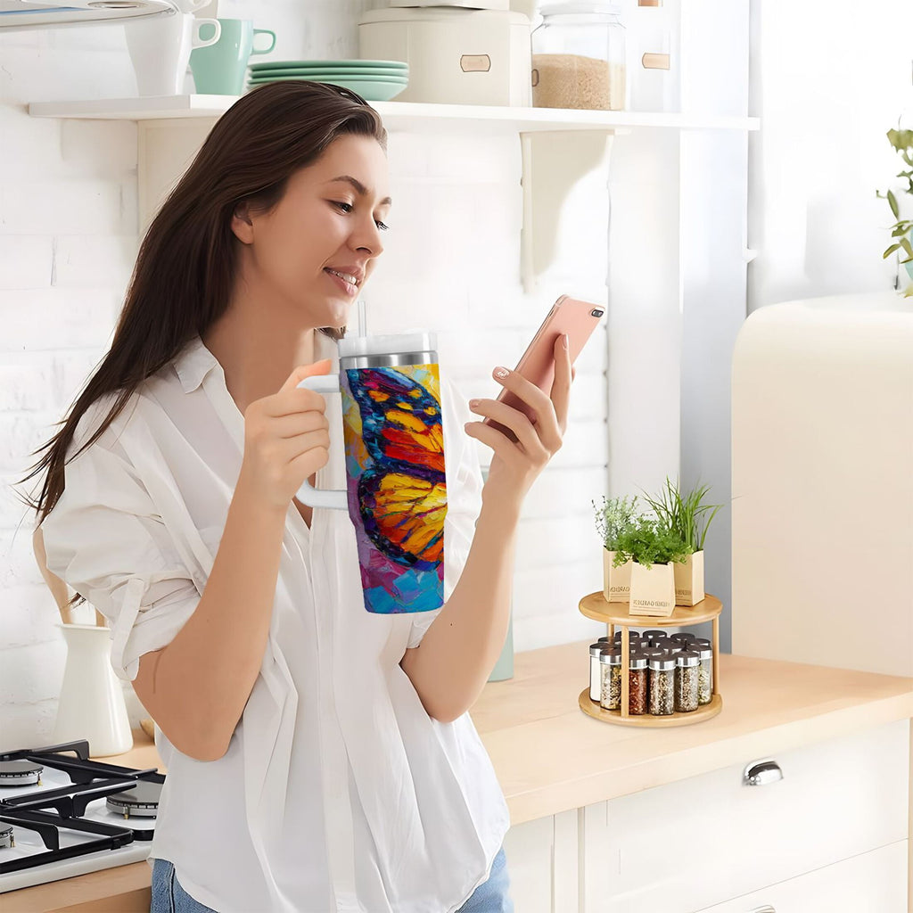 30 oz Insulated Stainless Steel Tumbler Double Wall Stainless Steel Tumbler with 2-Way Drinking Colorful Butterfly Flying C473C