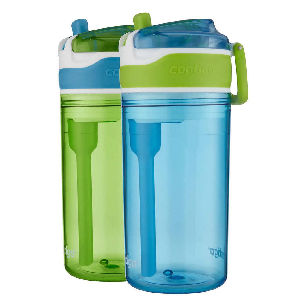 Contigo Kids 2-in-1 Snack Hero Tumbler Featuring 4oz Snack Holder Stacked on Top of 13oz Water Bottle - BPA Free, Durable Tritan w/Flexible Carry Handle &amp; Spill-Proof Valve, Green &amp; Blue – 2 Pack C075D