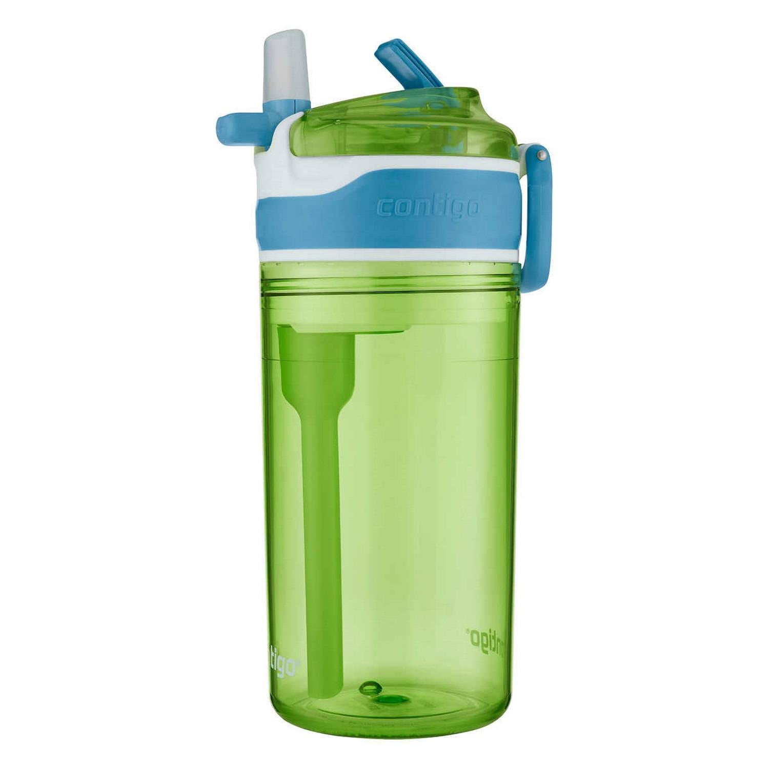 Contigo Kids 2-in-1 Snack Hero Tumbler Featuring 4oz Snack Holder Stacked on Top of 13oz Water Bottle - BPA Free, Durable Tritan w/Flexible Carry Handle &amp; Spill-Proof Valve, Green &amp; Blue – 2 Pack C075D
