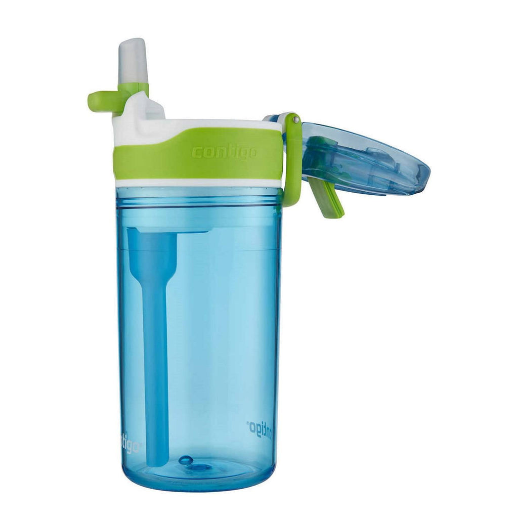 Contigo Kids 2-in-1 Snack Hero Tumbler Featuring 4oz Snack Holder Stacked on Top of 13oz Water Bottle - BPA Free, Durable Tritan w/Flexible Carry Handle &amp; Spill-Proof Valve, Green &amp; Blue – 2 Pack C075D