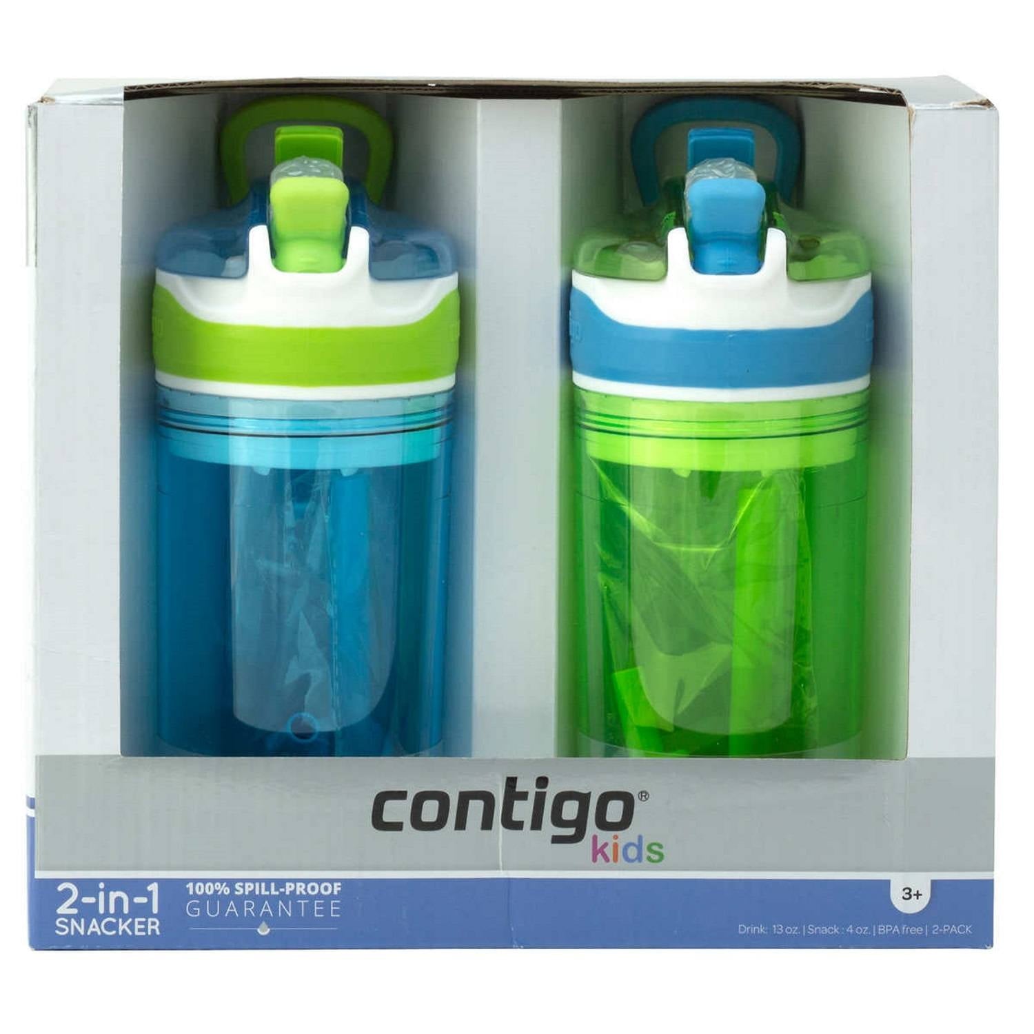 Contigo Kids 2-in-1 Snack Hero Tumbler Featuring 4oz Snack Holder Stacked on Top of 13oz Water Bottle - BPA Free, Durable Tritan w/Flexible Carry Handle &amp; Spill-Proof Valve, Green &amp; Blue – 2 Pack C075D