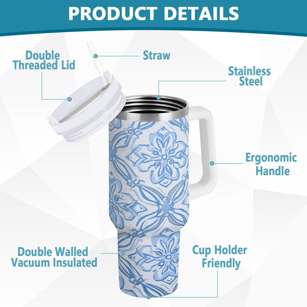 30 oz Insulated Stainless Steel Tumbler Double Wall Stainless Steel Tumbler with 2-Way Drinking Blue Elegant Geometric Design C623K
