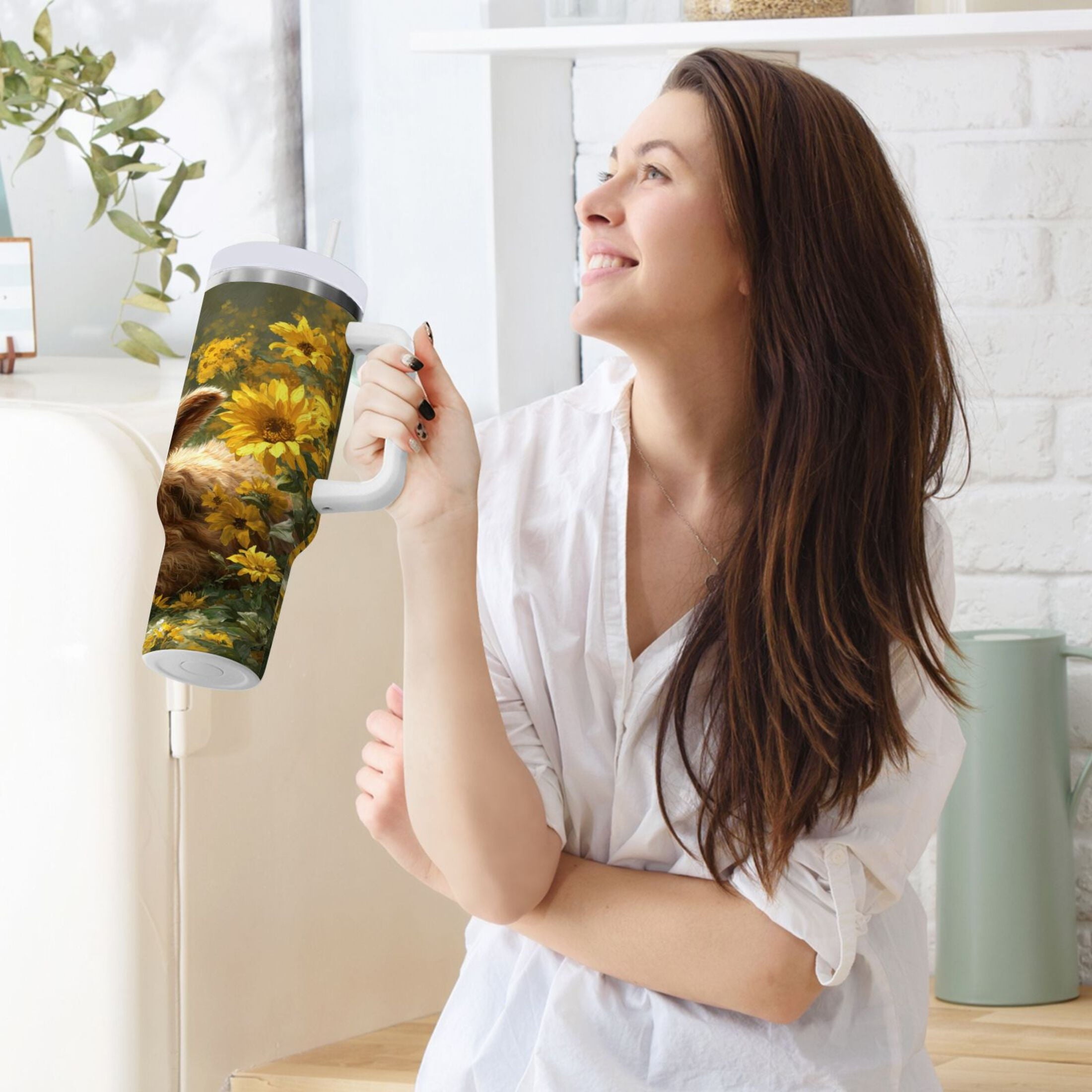 40 oz Insulated Stainless Steel Tumbler Double Wall Stainless Steel Tumbler with 2-Way Drinking Cow Lying in Sunflowers C665L