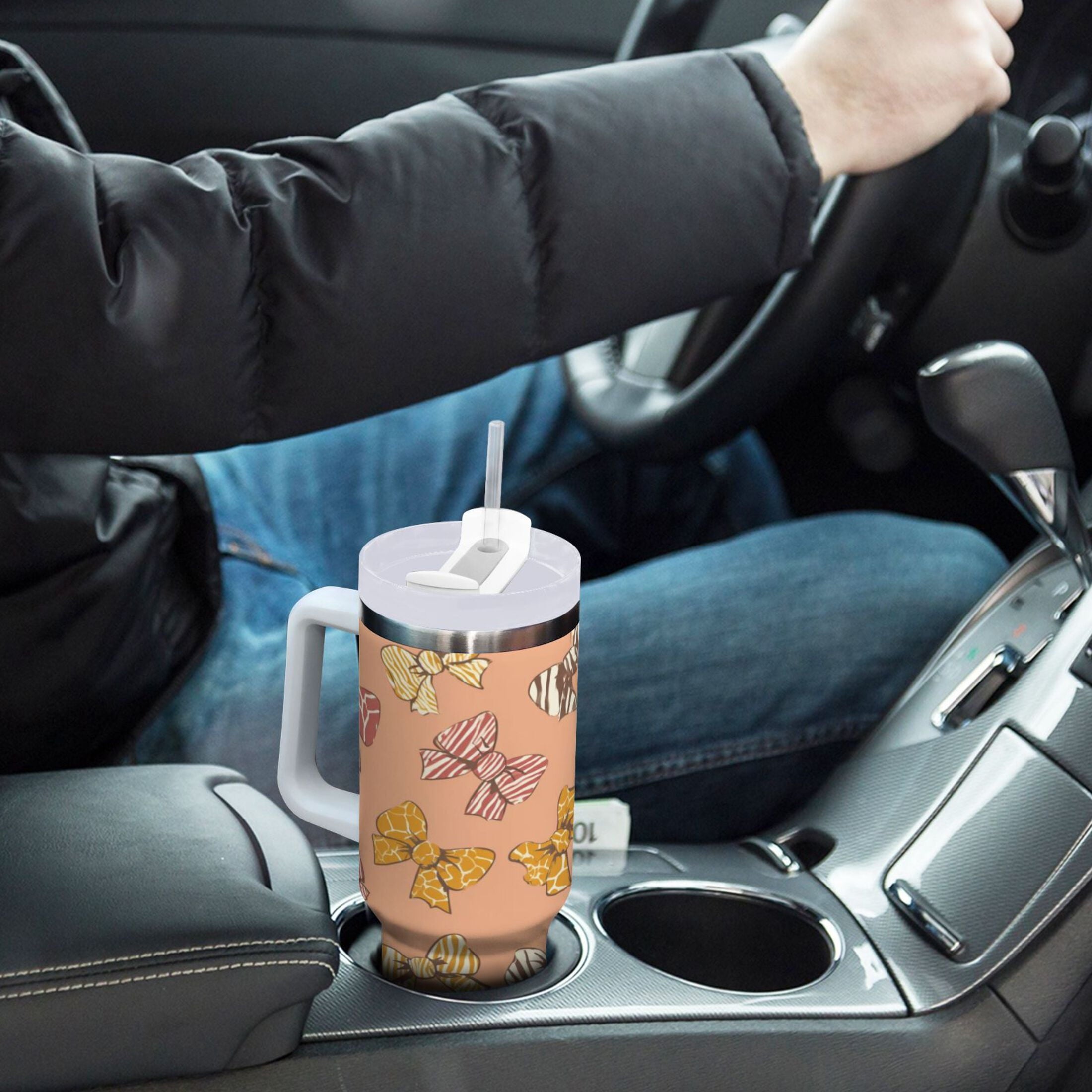 40 oz Insulated Stainless Steel Tumbler Double Wall Stainless Steel Tumbler with 2-Way Drinking Cute Animal Print Bows C678U