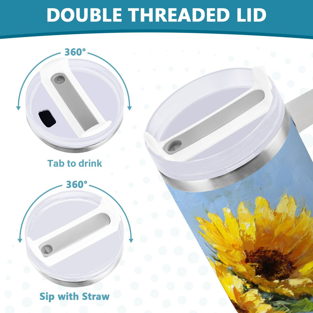 40 oz Insulated Stainless Steel Tumbler Double Wall Stainless Steel Tumbler with 2-Way Drinking Sunflowers Painting C611Q