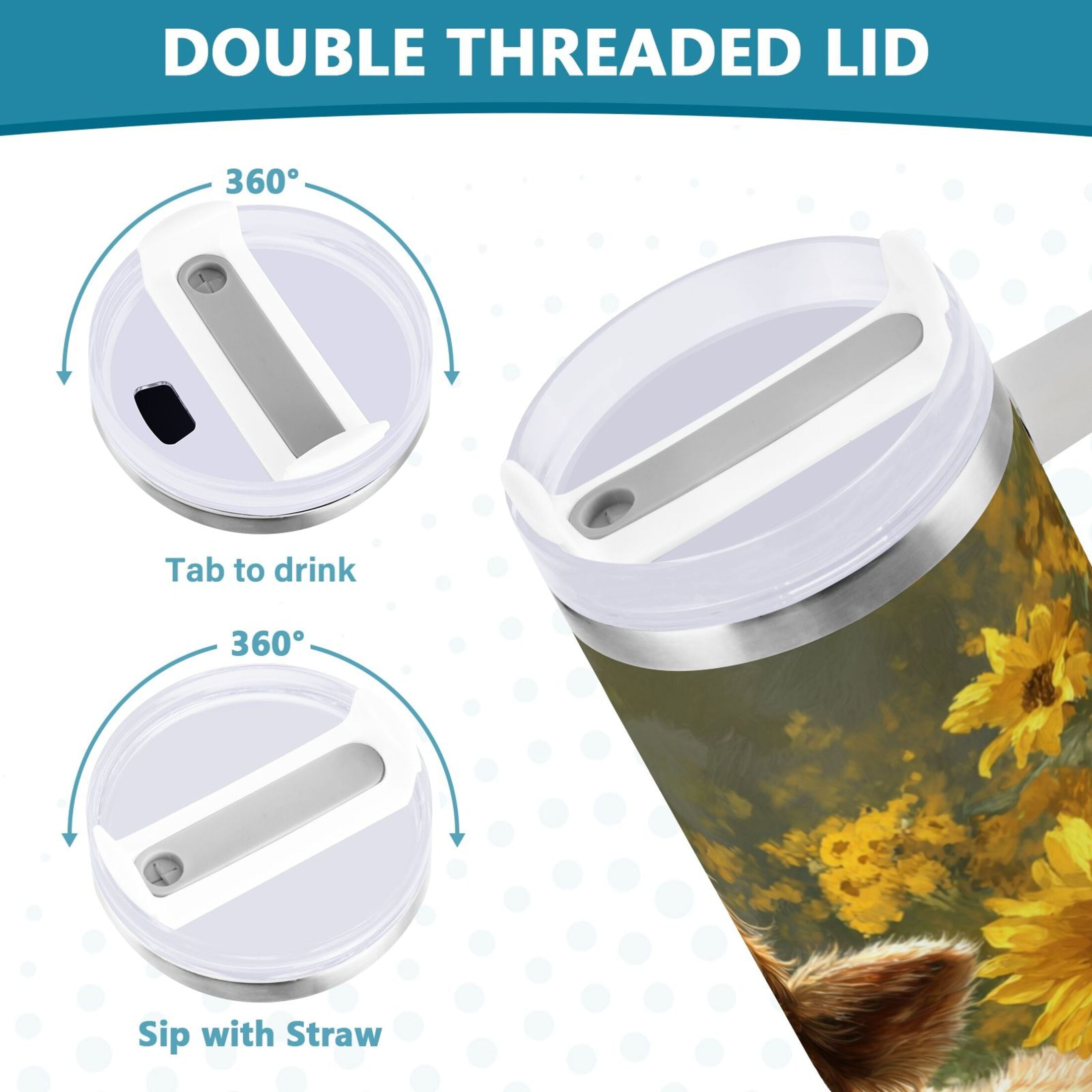 40 oz Insulated Stainless Steel Tumbler Double Wall Stainless Steel Tumbler with 2-Way Drinking Cow Lying in Sunflowers C665L