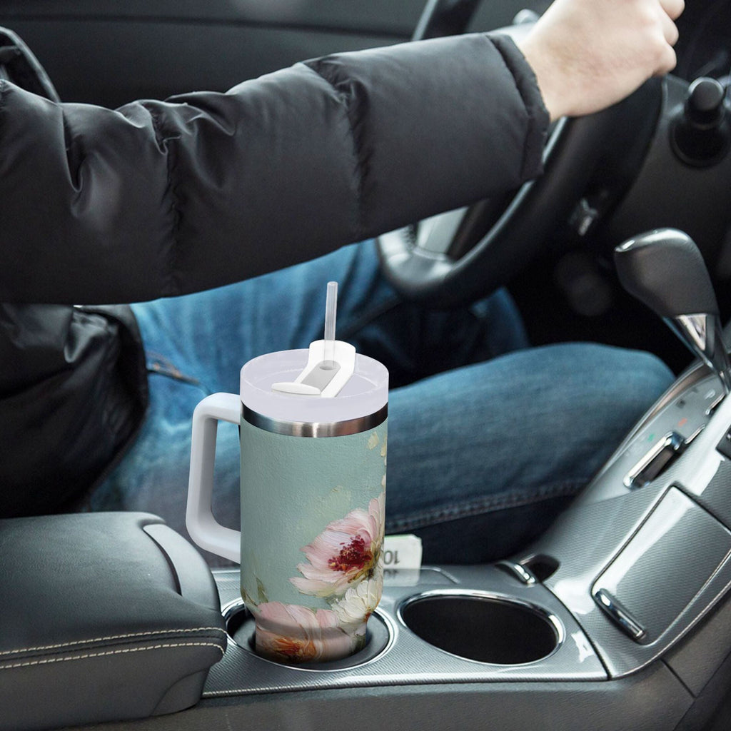 40 oz Insulated Stainless Steel Tumbler Double Wall Stainless Steel Tumbler with 2-Way Drinking Vintage Peonies and Daisies C677F