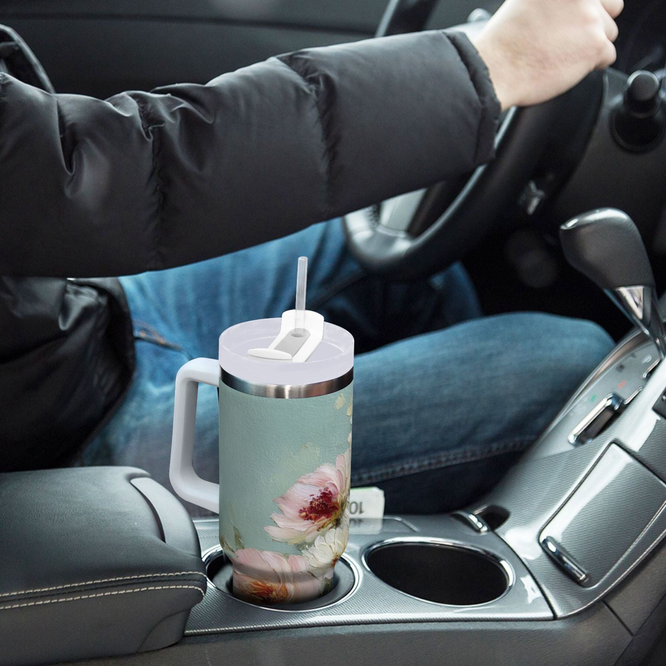 40 oz Insulated Stainless Steel Tumbler Double Wall Stainless Steel Tumbler with 2-Way Drinking Vintage Peonies and Daisies C677F
