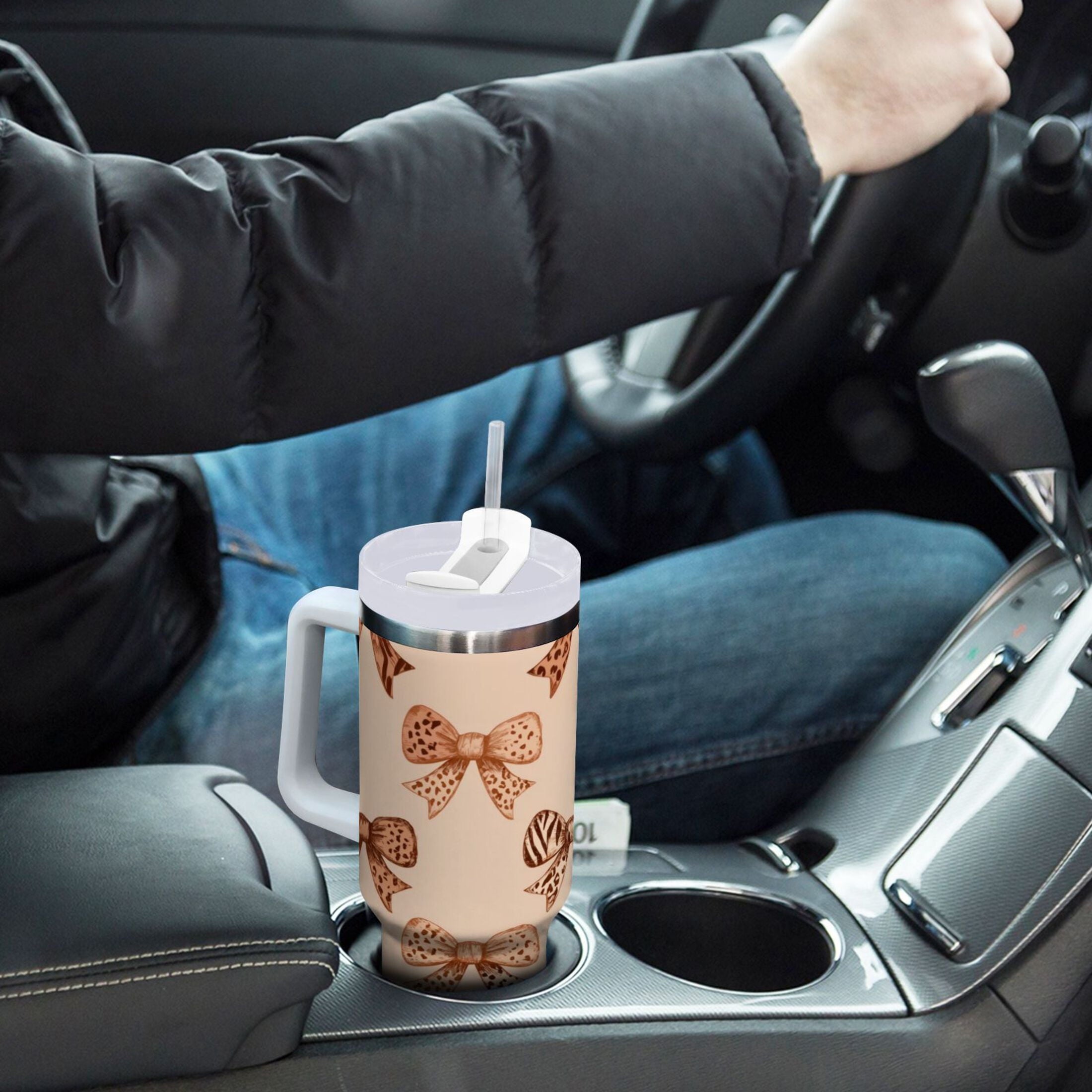 40 oz Insulated Stainless Steel Tumbler Double Wall Stainless Steel Tumbler with 2-Way Drinking Leopard Print Bow C550P