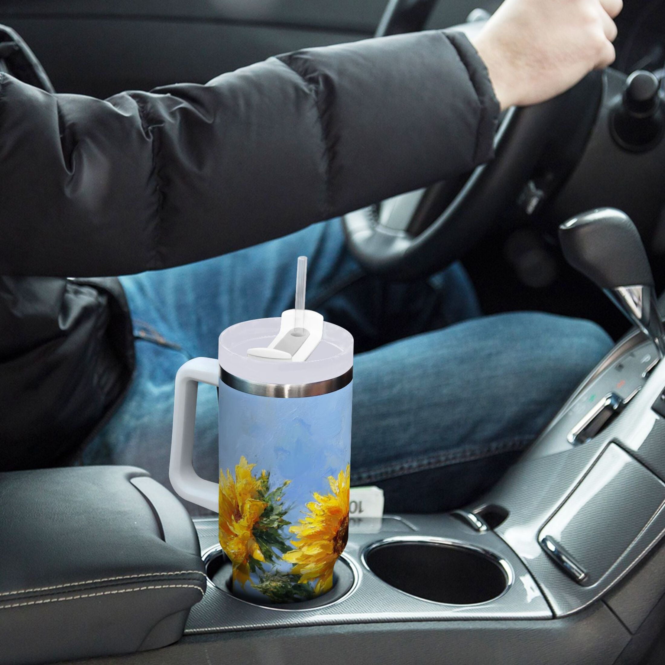 40 oz Insulated Stainless Steel Tumbler Double Wall Stainless Steel Tumbler with 2-Way Drinking Sunflowers Painting C611Q