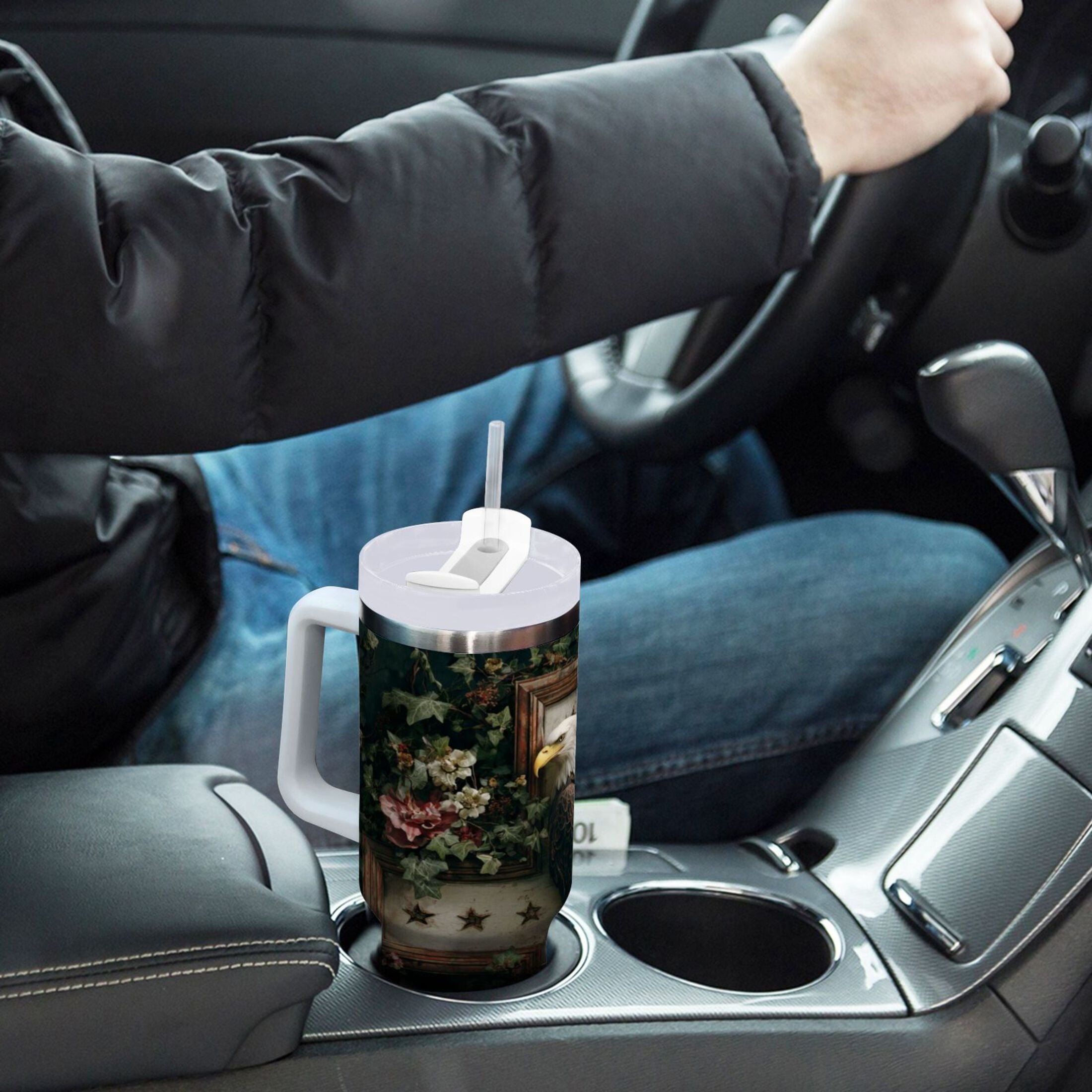 30 oz Insulated Stainless Steel Tumbler Double Wall Stainless Steel Tumbler with 2-Way Drinking Wreath and Bald Eagle C668F
