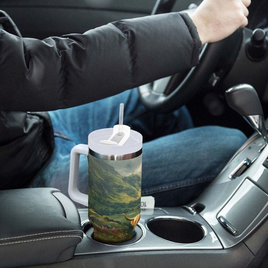 30 oz Insulated Stainless Steel Tumbler Double Wall Stainless Steel Tumbler with 2-Way Drinking Cow in Green Rolling Hills C586R