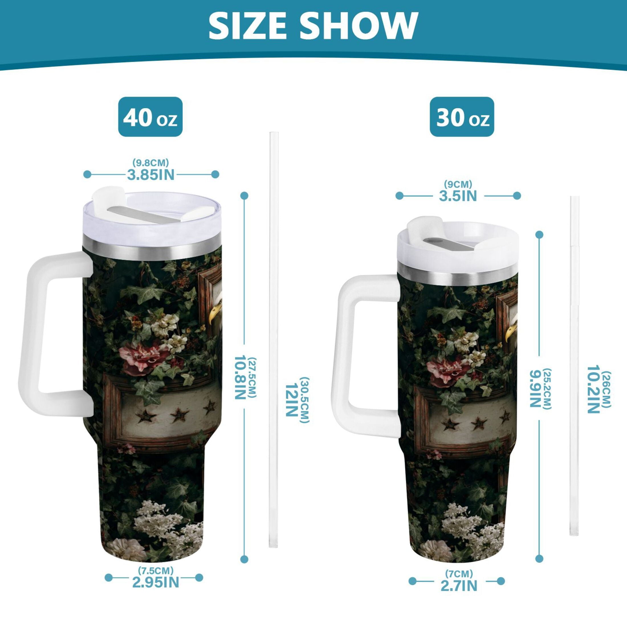 30 oz Insulated Stainless Steel Tumbler Double Wall Stainless Steel Tumbler with 2-Way Drinking Wreath and Bald Eagle C668F