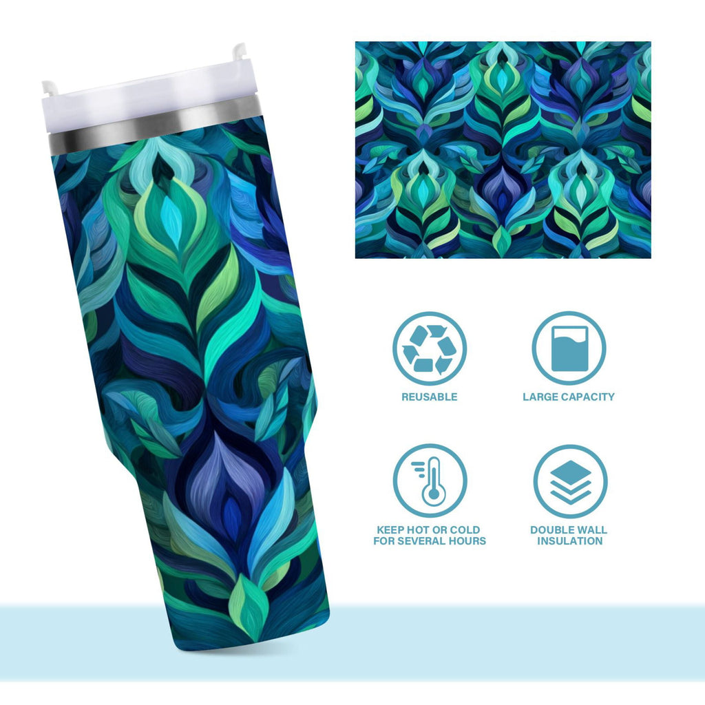 40 oz Insulated Stainless Steel Tumbler Double Wall Stainless Steel Tumbler with 2-Way Drinking Elegant Blue Abstract Shapes C609J