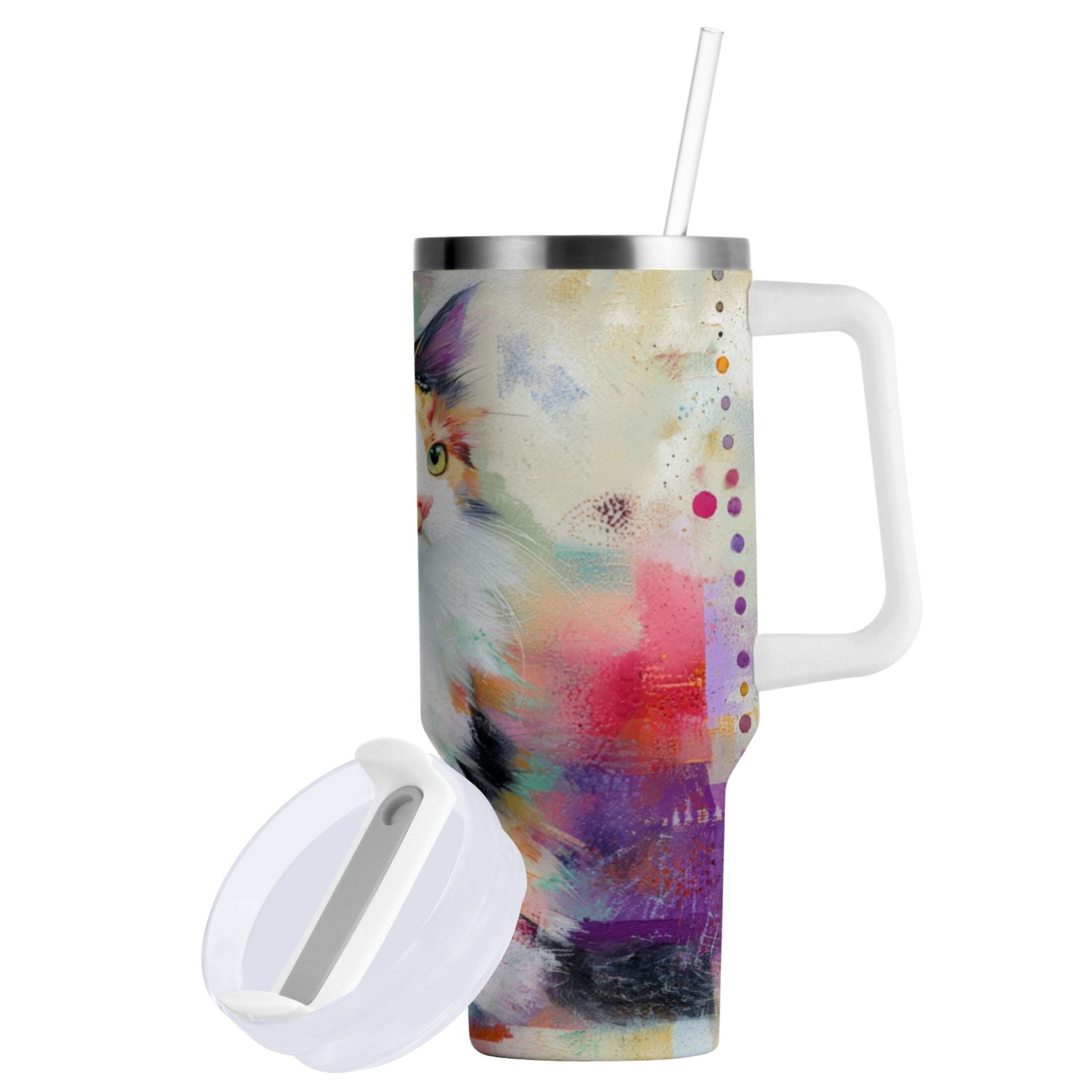30 oz Insulated Stainless Steel Tumbler Double Wall Stainless Steel Tumbler with 2-Way Drinking Charming Hairy Cat C672D