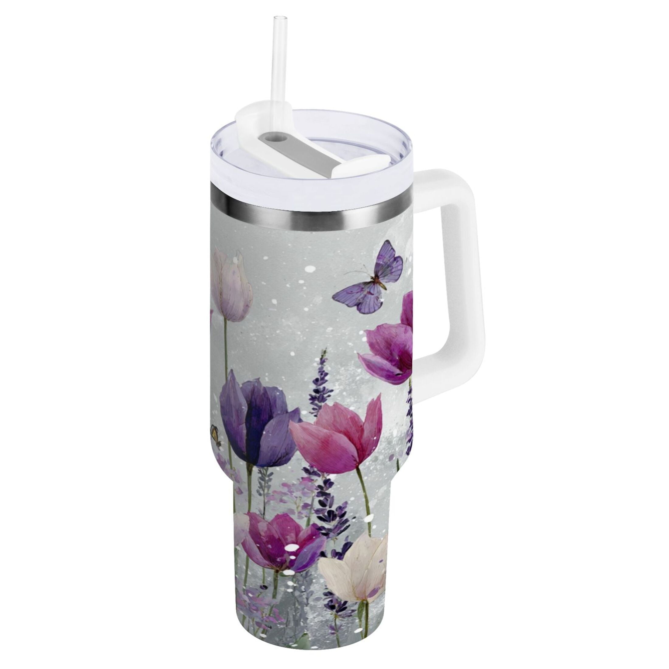 40 oz Insulated Stainless Steel Tumbler Double Wall Stainless Steel Tumbler with 2-Way Drinking Colorful Tulips and Lavender C456F