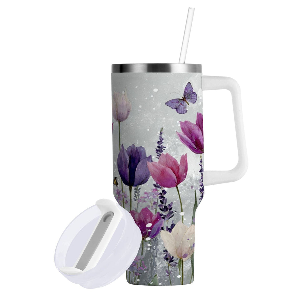 40 oz Insulated Stainless Steel Tumbler Double Wall Stainless Steel Tumbler with 2-Way Drinking Colorful Tulips and Lavender C456F