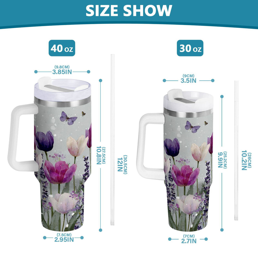 40 oz Insulated Stainless Steel Tumbler Double Wall Stainless Steel Tumbler with 2-Way Drinking Colorful Tulips and Lavender C456F