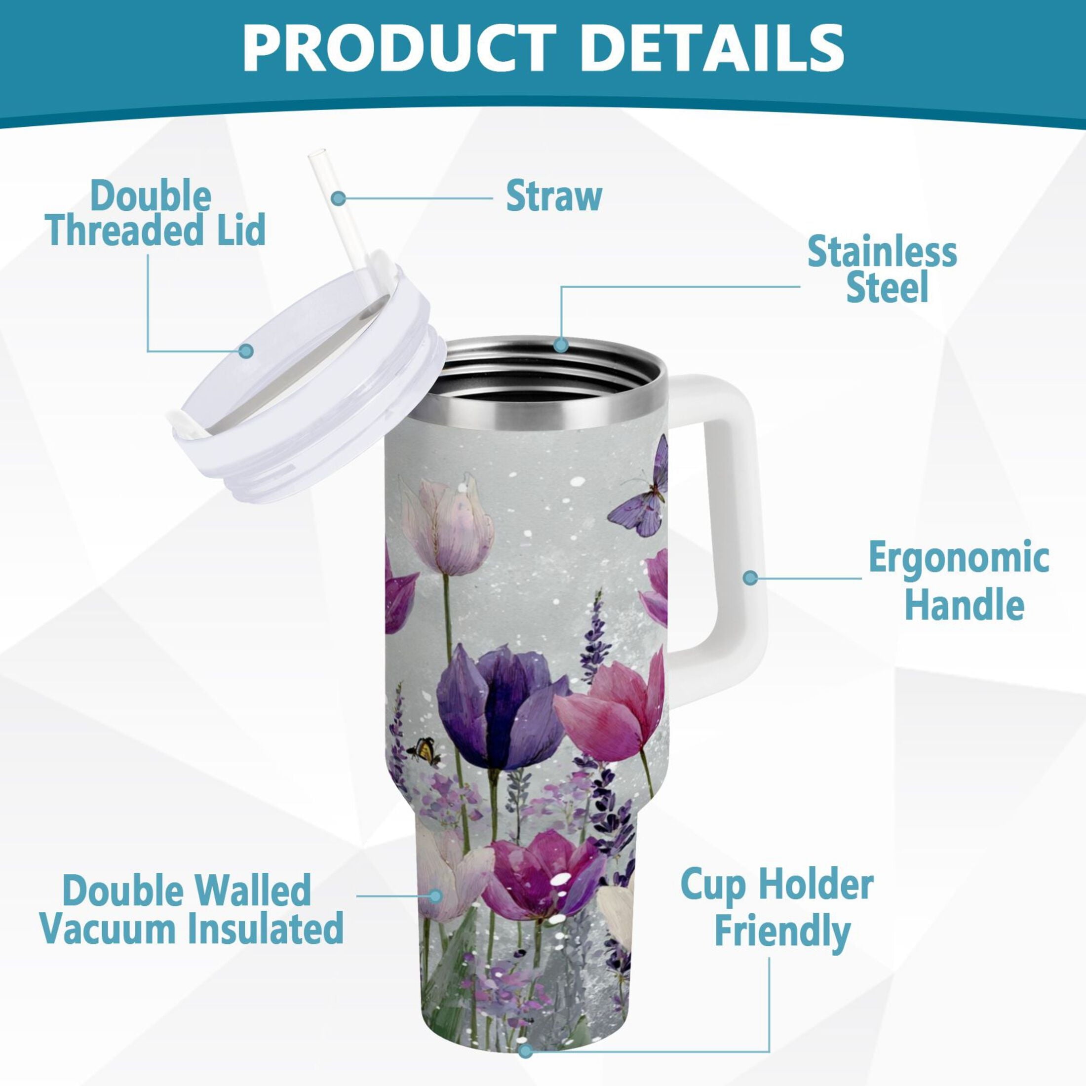 40 oz Insulated Stainless Steel Tumbler Double Wall Stainless Steel Tumbler with 2-Way Drinking Colorful Tulips and Lavender C456F