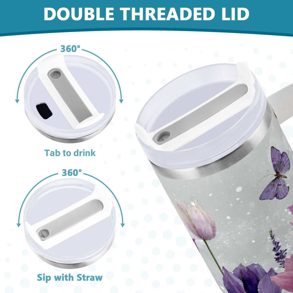 40 oz Insulated Stainless Steel Tumbler Double Wall Stainless Steel Tumbler with 2-Way Drinking Colorful Tulips and Lavender C456F