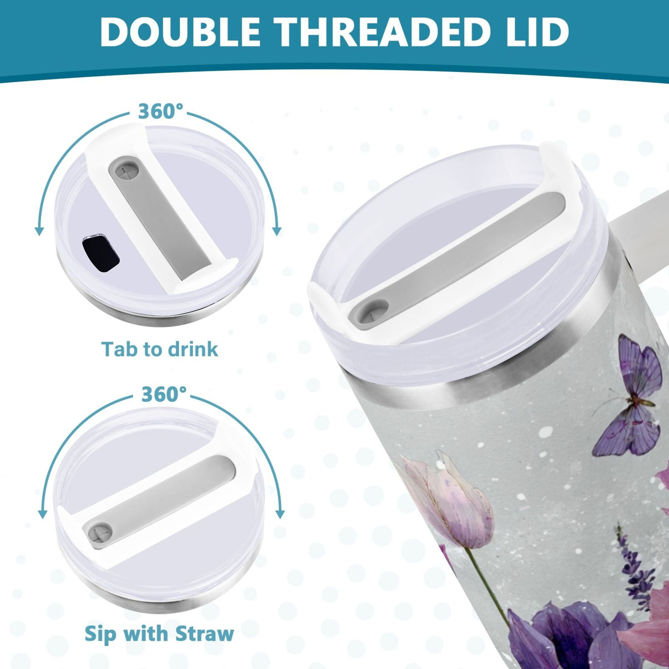 40 oz Insulated Stainless Steel Tumbler Double Wall Stainless Steel Tumbler with 2-Way Drinking Colorful Tulips and Lavender C456F