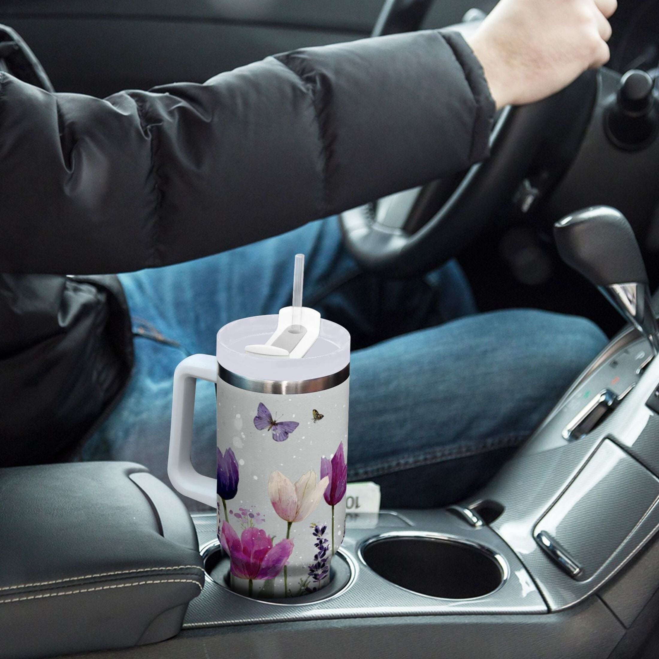 40 oz Insulated Stainless Steel Tumbler Double Wall Stainless Steel Tumbler with 2-Way Drinking Colorful Tulips and Lavender C456F