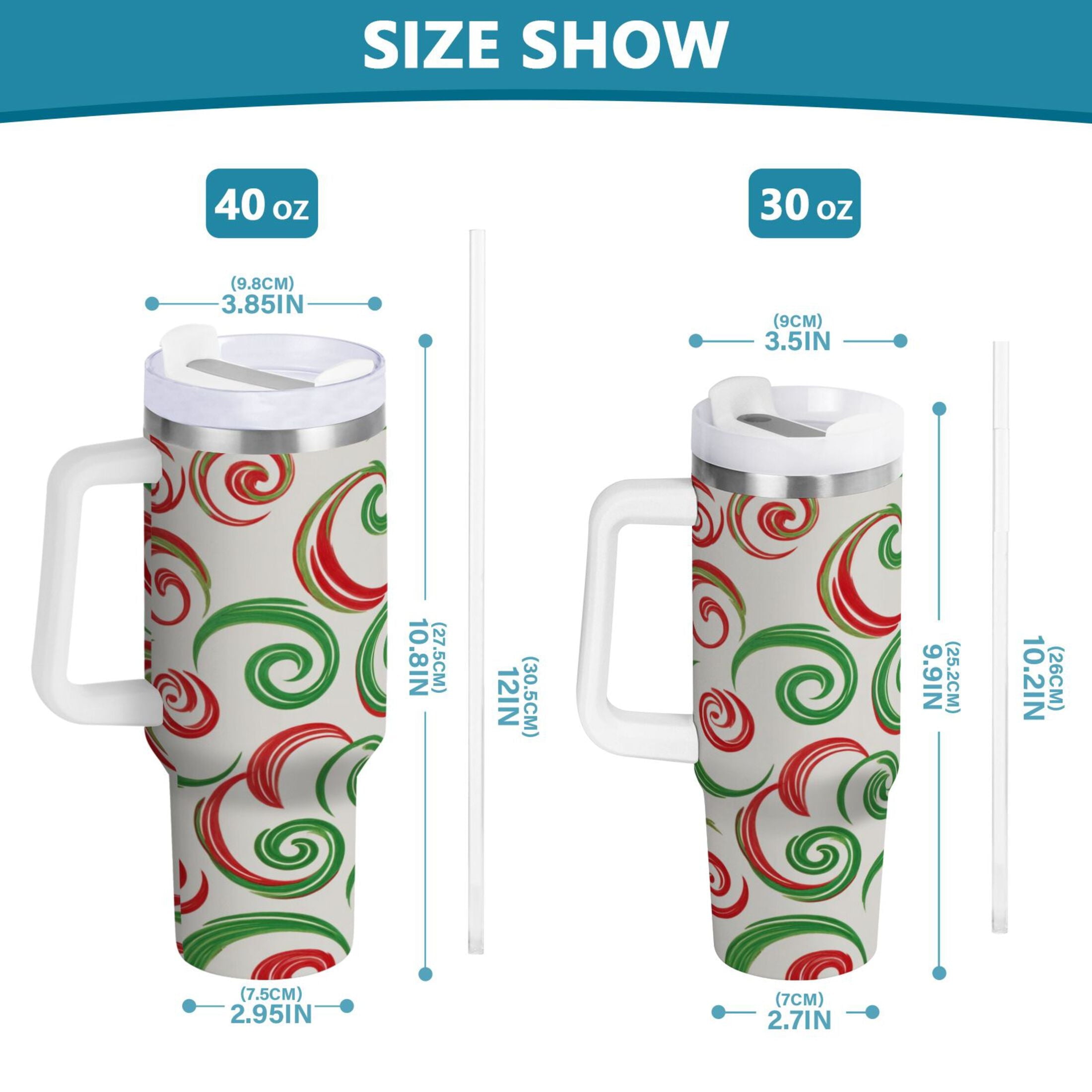 40 oz Insulated Stainless Steel Tumbler Double Wall Stainless Steel Tumbler with 2-Way Drinking Red and Green Swirls C539F
