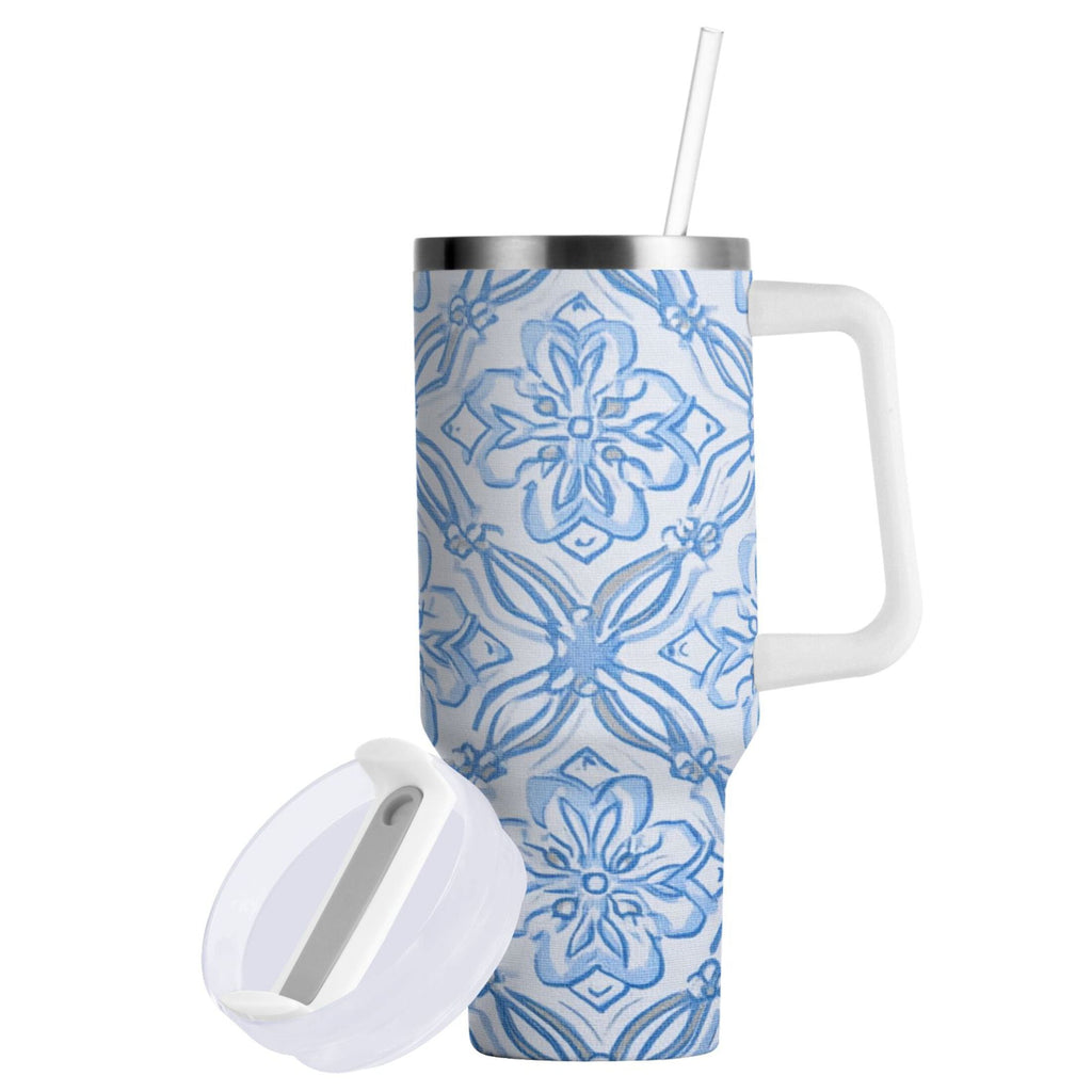30 oz Insulated Stainless Steel Tumbler Double Wall Stainless Steel Tumbler with 2-Way Drinking Blue Elegant Geometric Design C623K